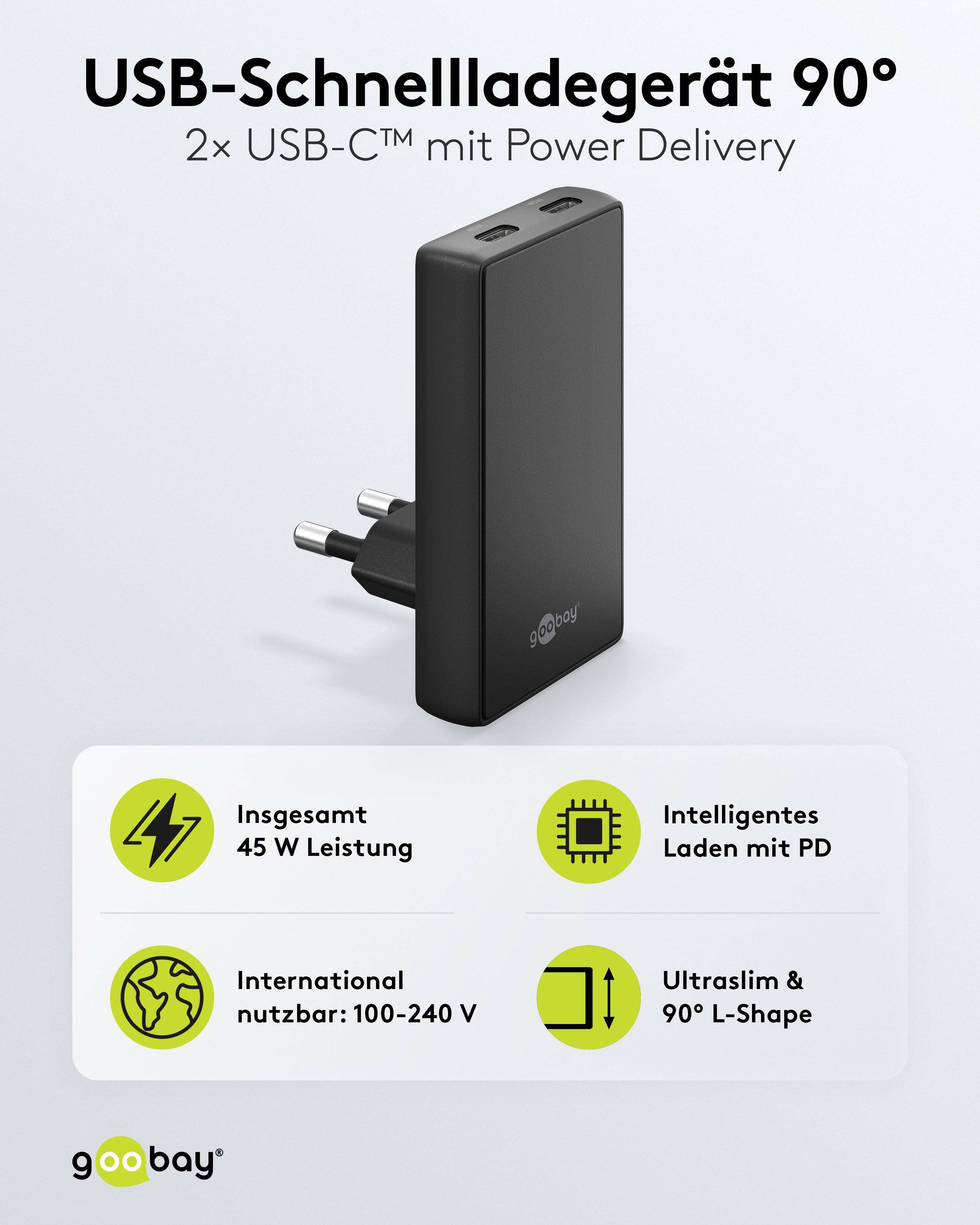 GOOBAY Dual-Schnelladegeräte, 45W, 2x USB-C, 90° abgewickelt, flach, schwarz