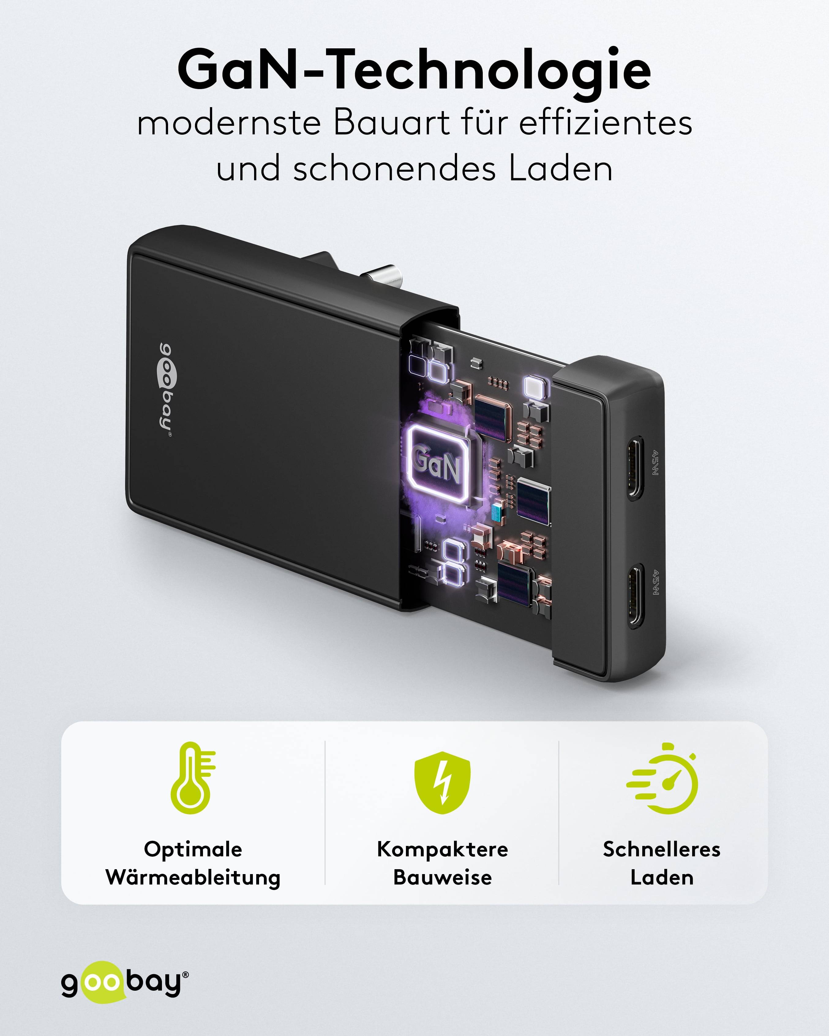 GOOBAY Dual-Schnelladegeräte, 45W, 2x USB-C, 90° abgewickelt, flach, schwarz