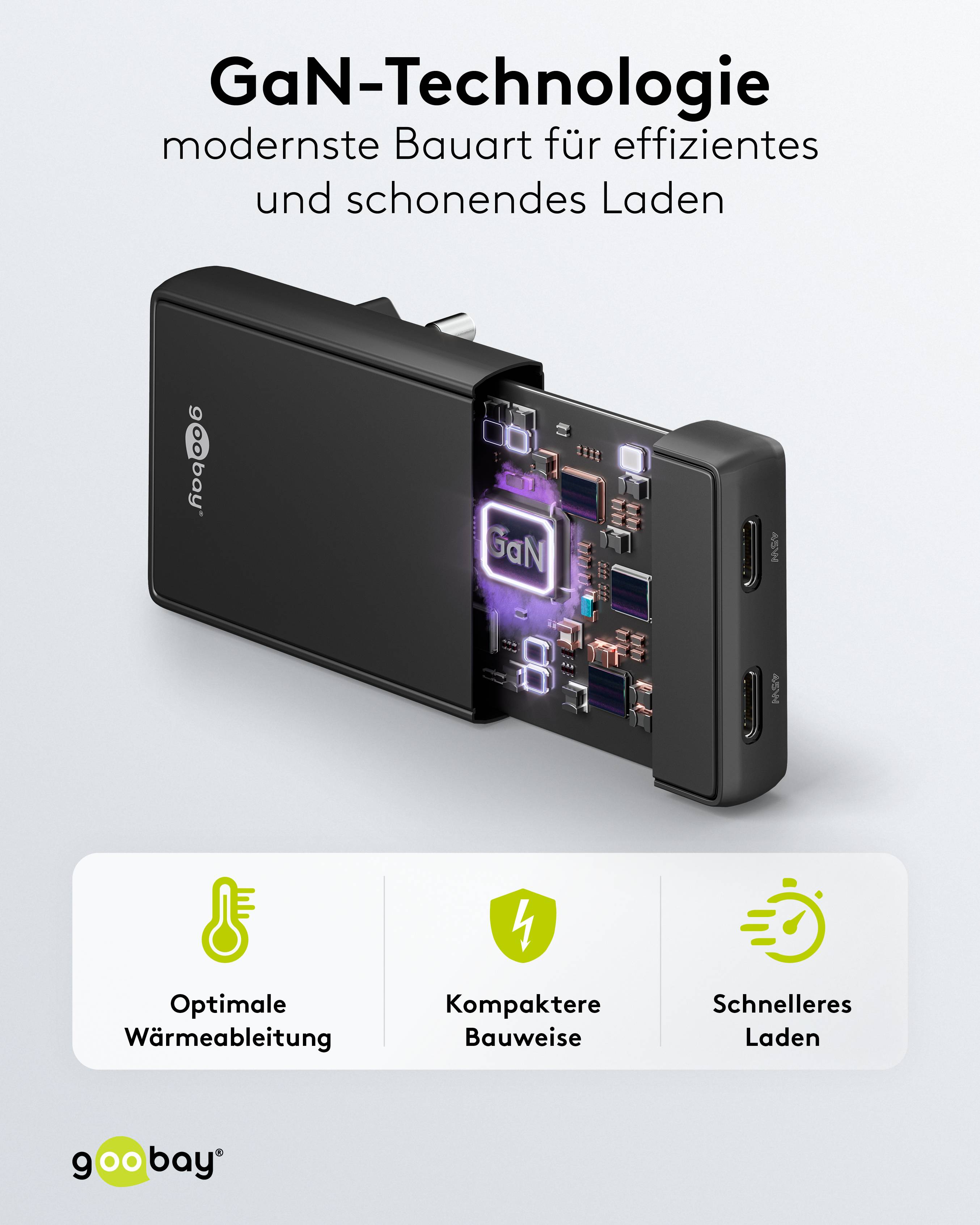 GOOBAY Dual-Schnelladegeräte, 45W, 2x USB-C, 90° abgewickelt, flach, schwarz