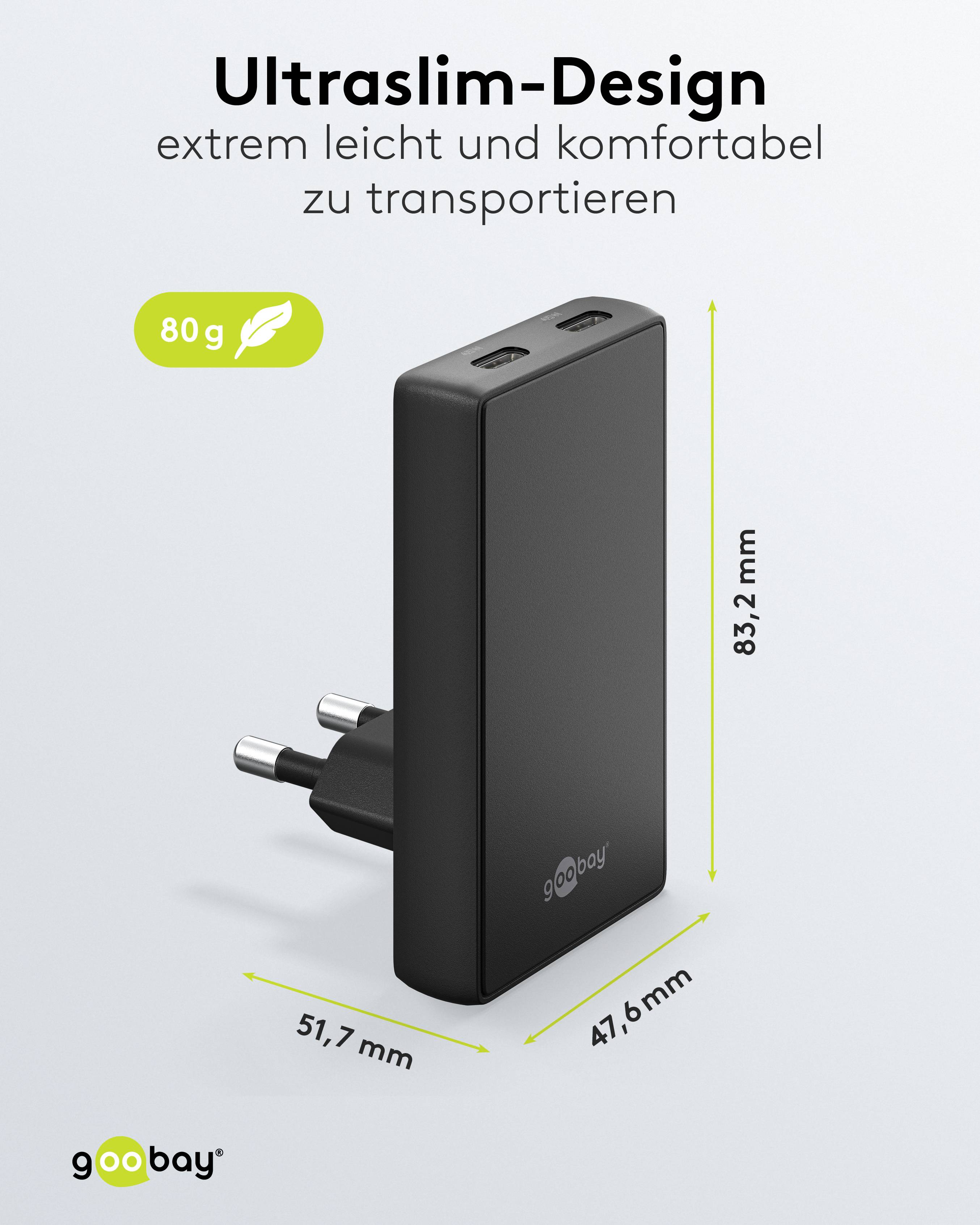 GOOBAY Dual-Schnelladegeräte, 45W, 2x USB-C, 90° abgewickelt, flach, schwarz