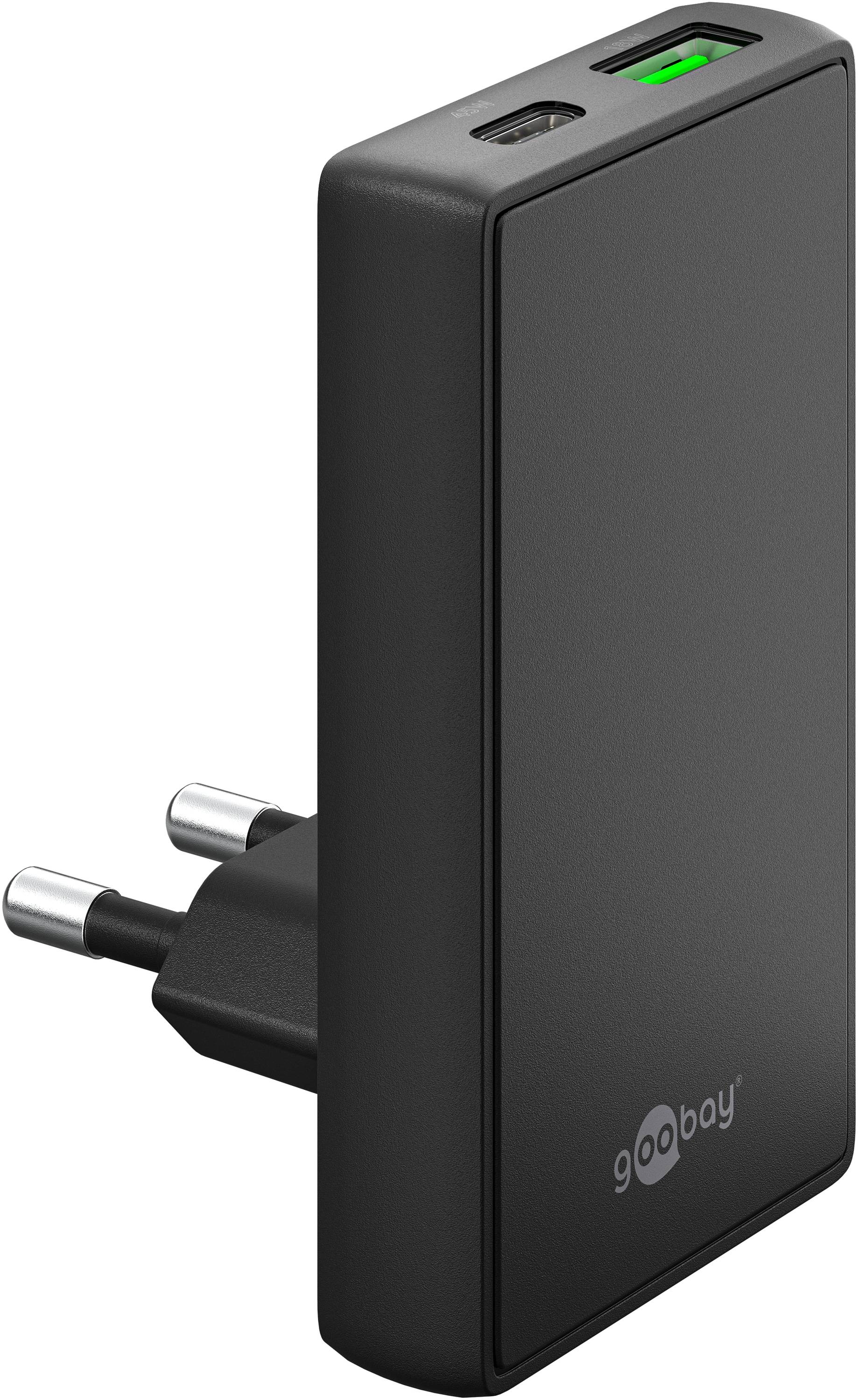 GOOBAY Dual-Schnellladegerät, 45W, 1x USB-C, 1x USB-A, 90° abgewickelt, flach, schwarz