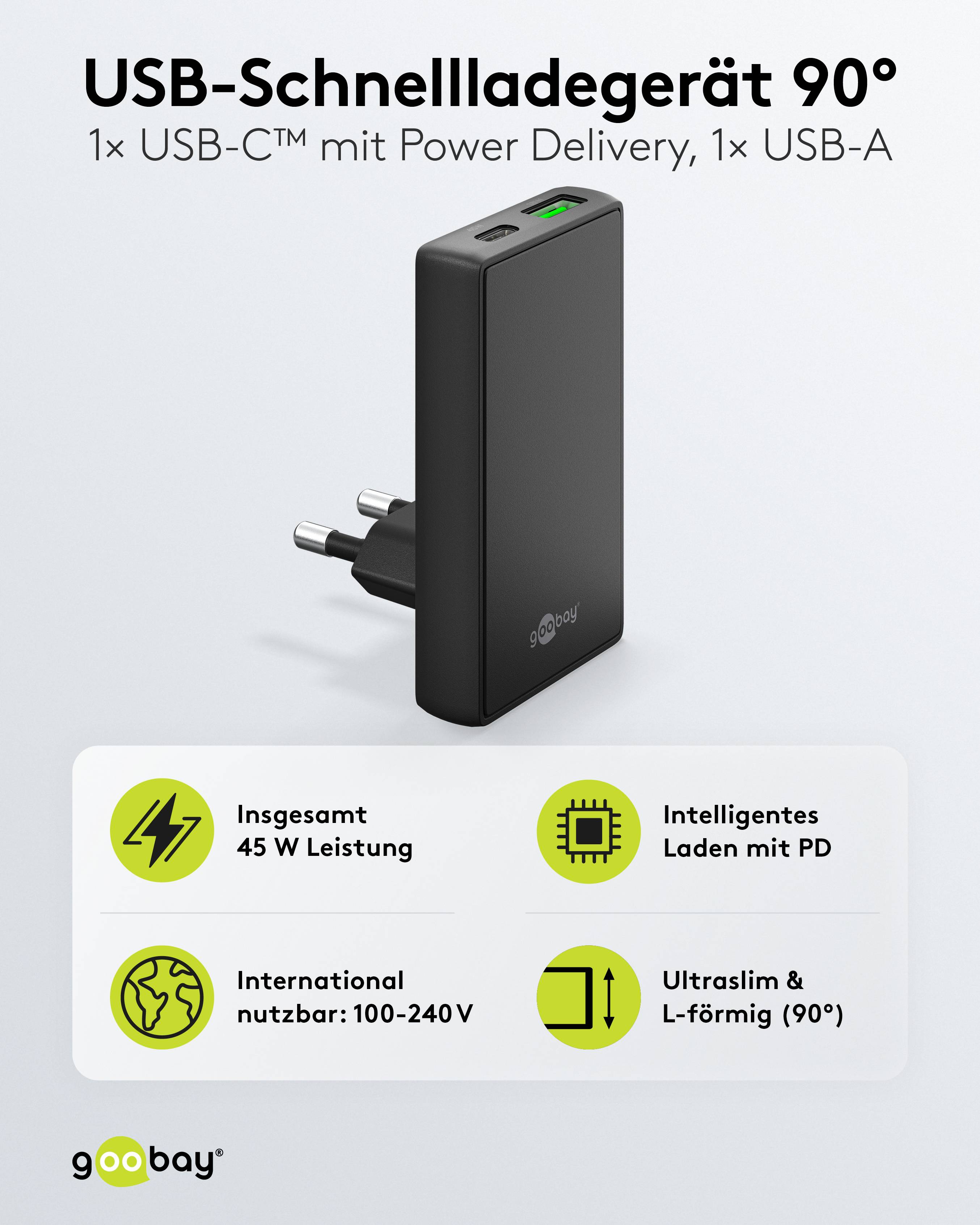GOOBAY Dual-Schnellladegerät, 45W, 1x USB-C, 1x USB-A, 90° abgewickelt, flach, schwarz