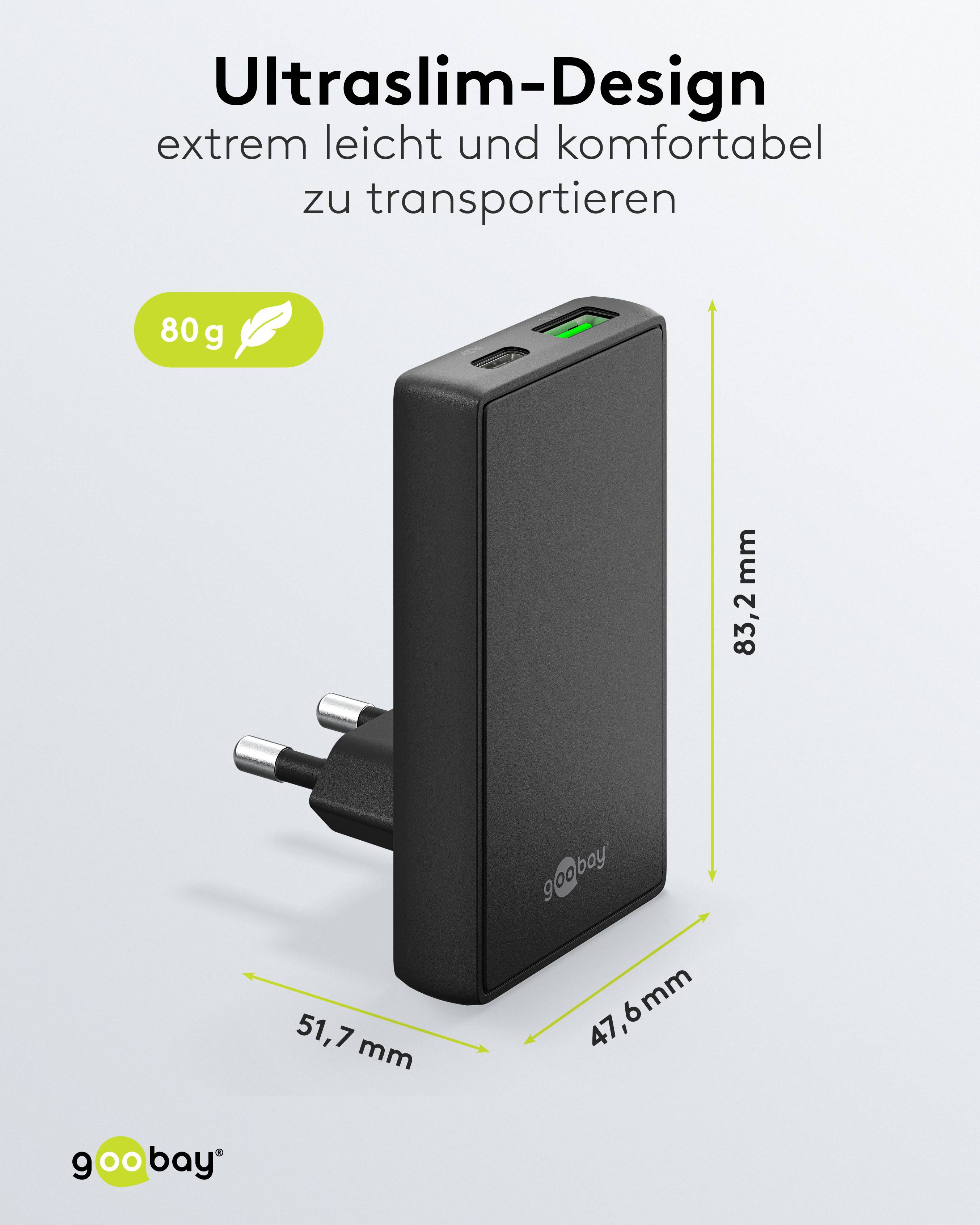 GOOBAY Dual-Schnellladegerät, 45W, 1x USB-C, 1x USB-A, 90° abgewickelt, flach, schwarz