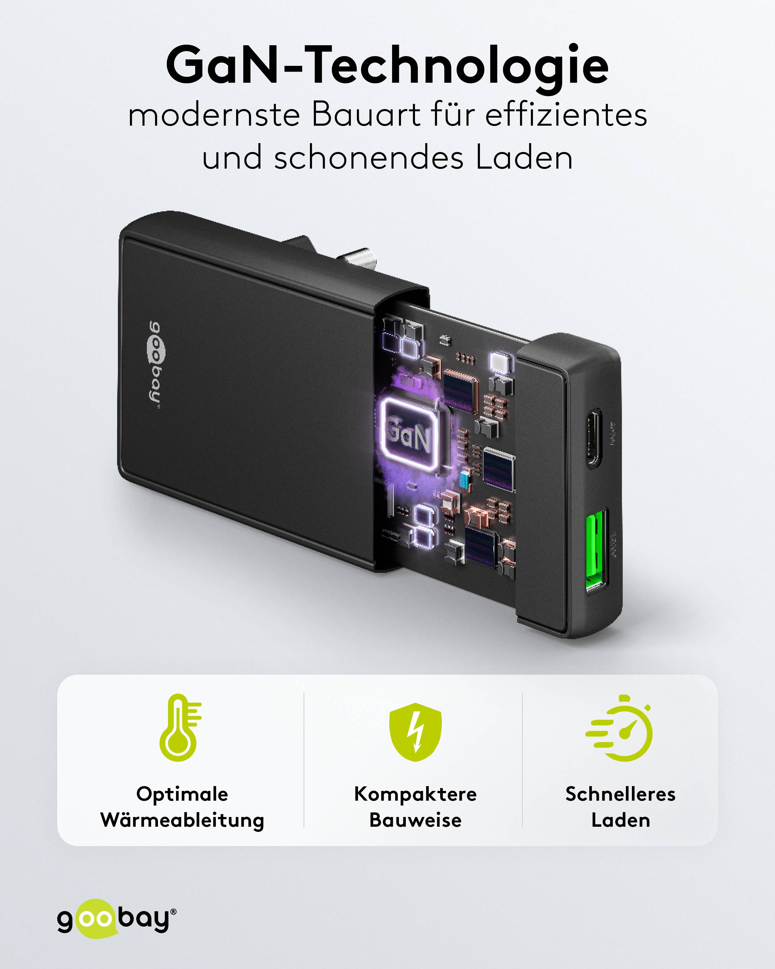 GOOBAY Dual-Schnellladegerät, 45W, 1x USB-C, 1x USB-A, 90° abgewickelt, flach, schwarz