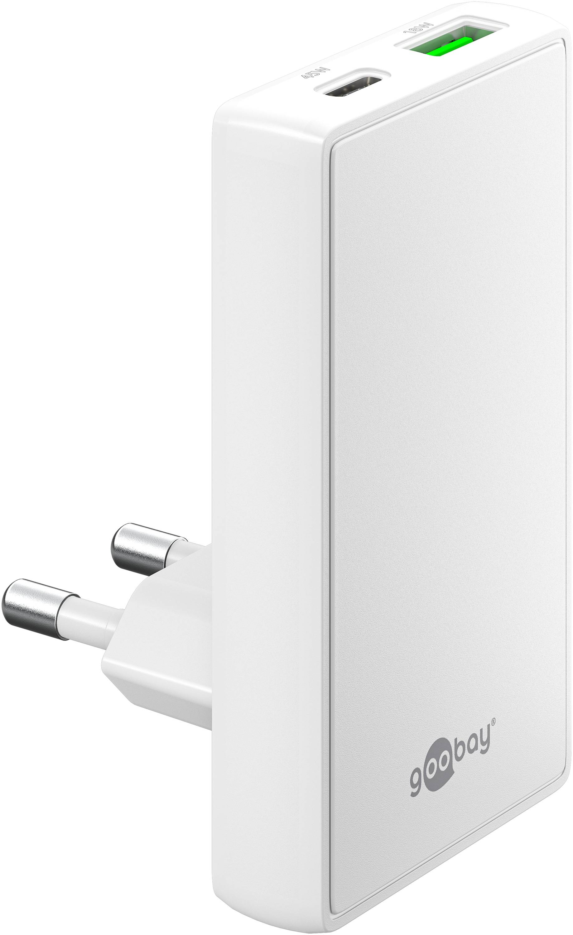 GOOBAY Dual-Schnellladegerät, 45W, 1x USB-C, 1x USB-A, 90° abgewickelt, flach, weiß