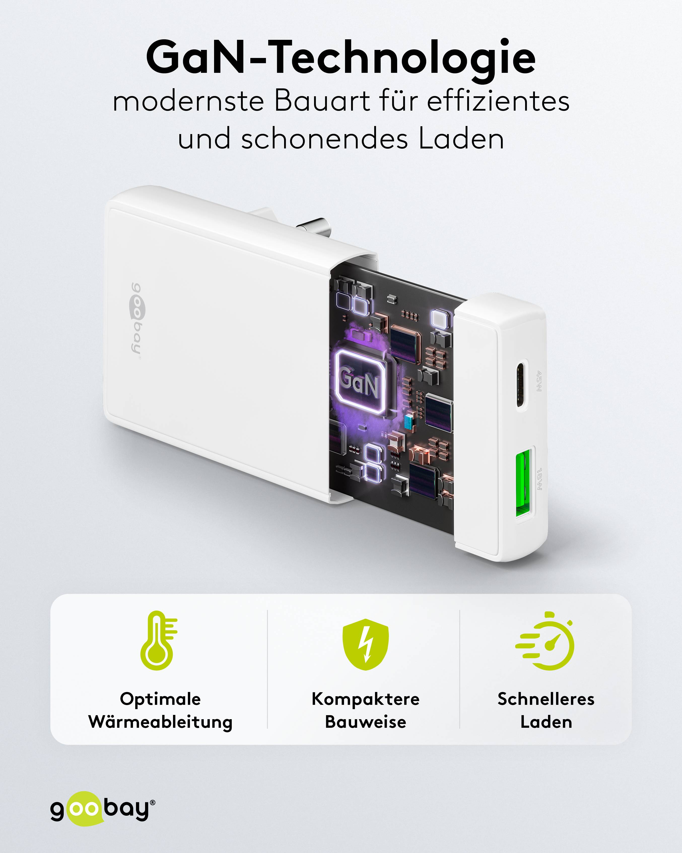 GOOBAY Dual-Schnellladegerät, 45W, 1x USB-C, 1x USB-A, 90° abgewickelt, flach, weiß