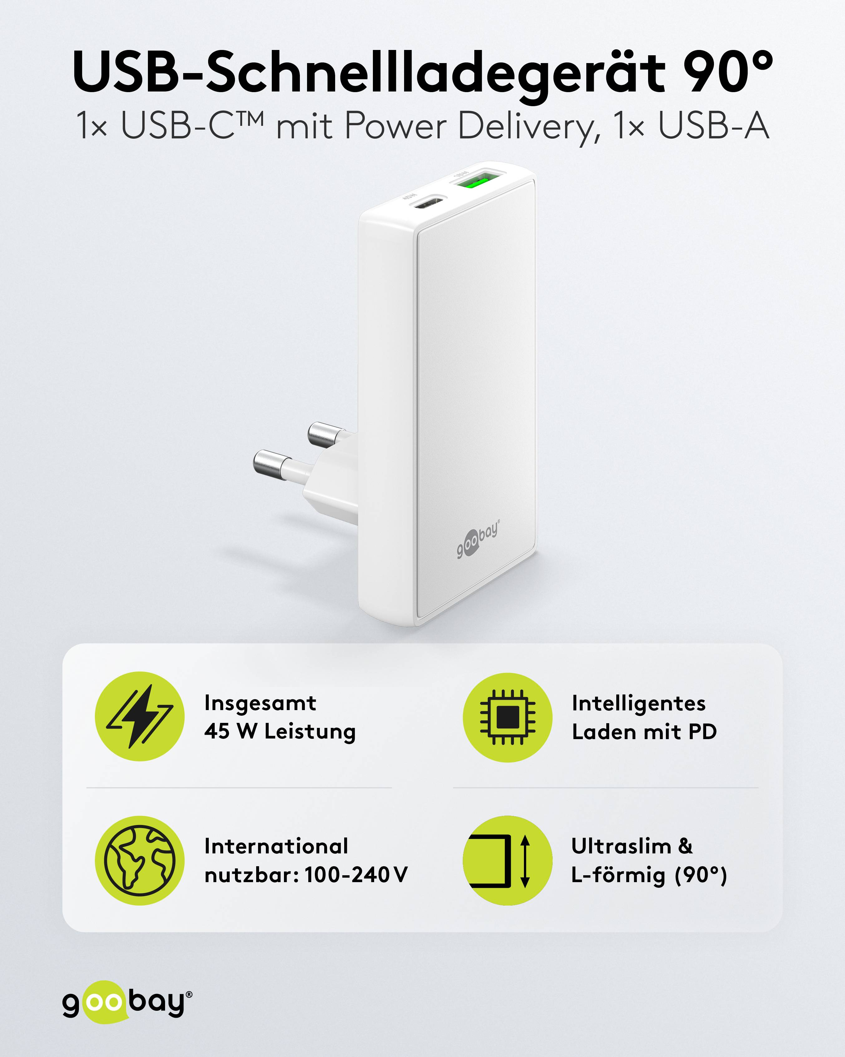 GOOBAY Dual-Schnellladegerät, 45W, 1x USB-C, 1x USB-A, 90° abgewickelt, flach, weiß