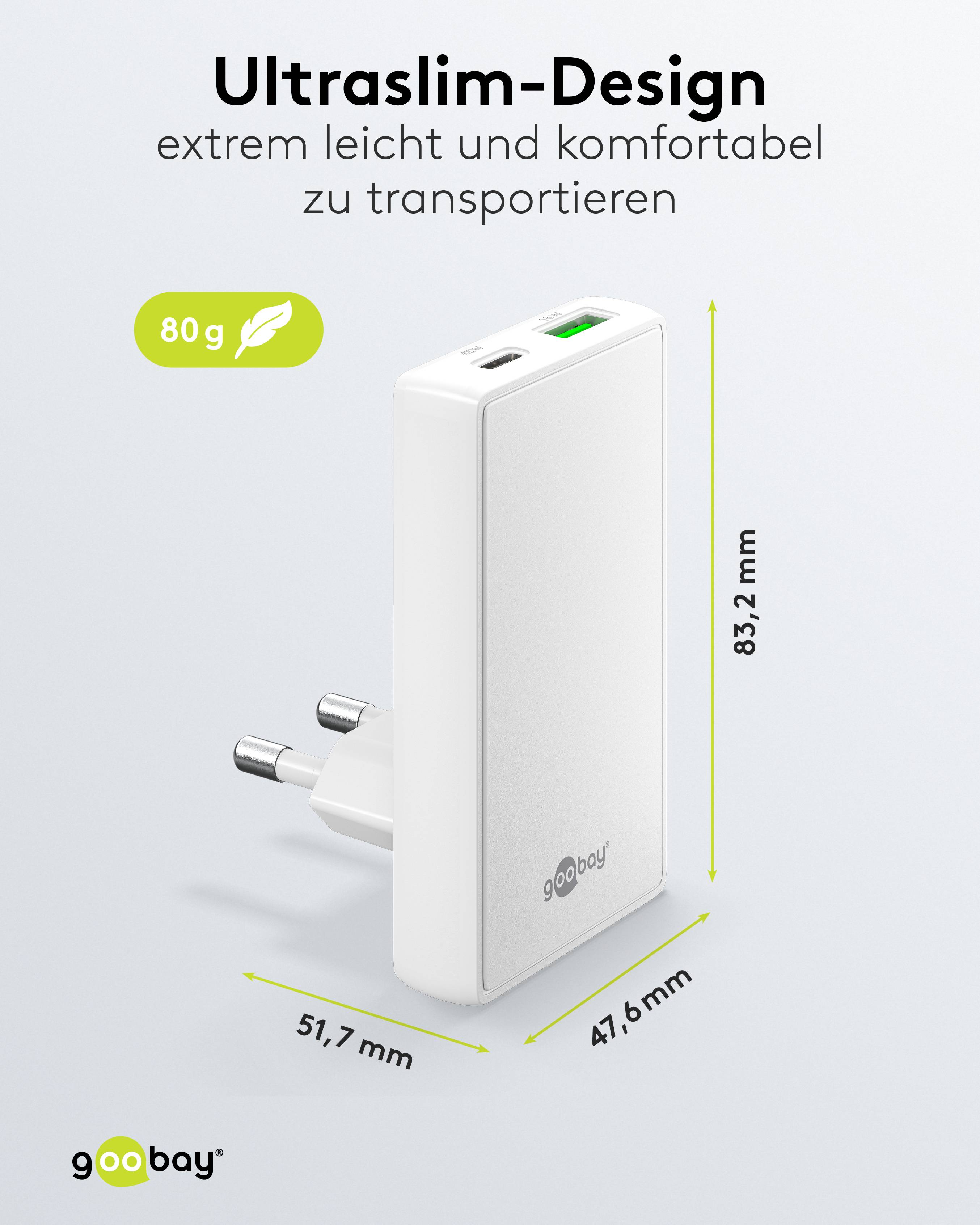 GOOBAY Dual-Schnellladegerät, 45W, 1x USB-C, 1x USB-A, 90° abgewickelt, flach, weiß