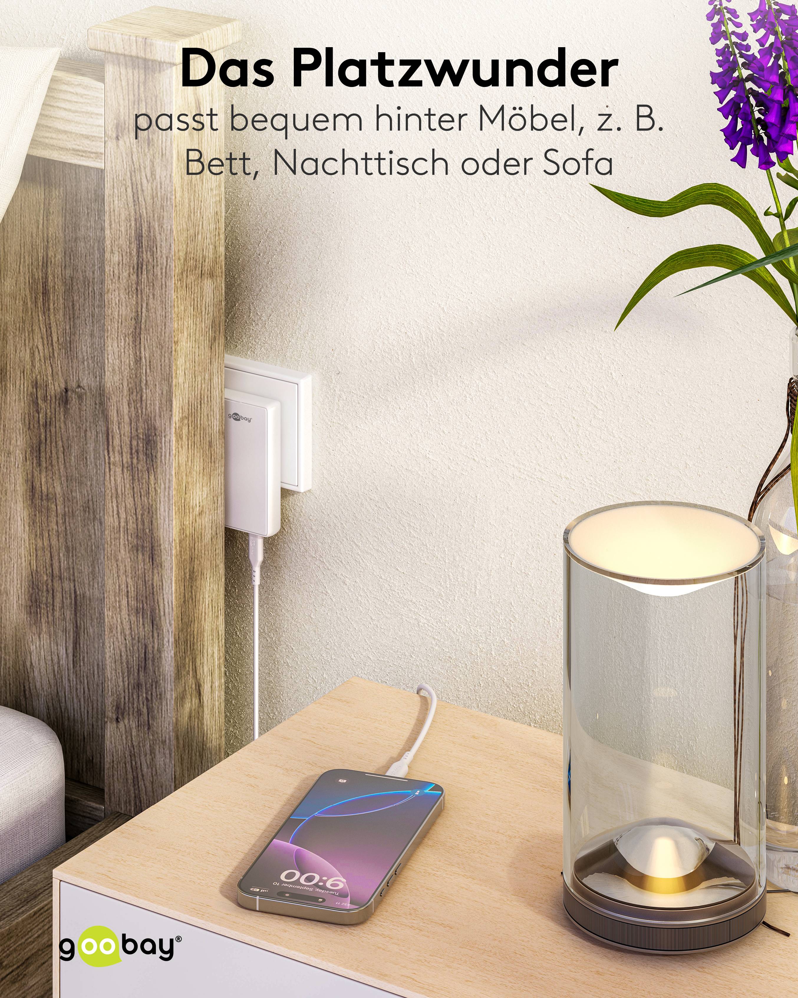 GOOBAY Dual-Schnellladegerät, 45W, 1x USB-C, 1x USB-A, 90° abgewickelt, flach, weiß