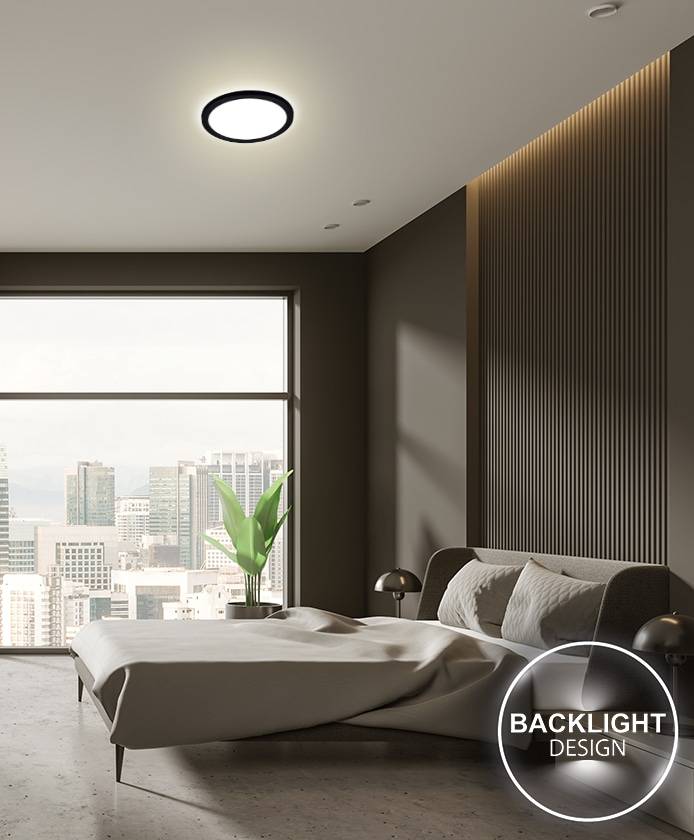 Modernes Schlafzimmer mit Stadtblick, ausgestattet mit einem Bett, einem Nachttisch, einem großen Fenster und einer runden Deckenleuchte. Ein Etikett mit der Aufschrift 