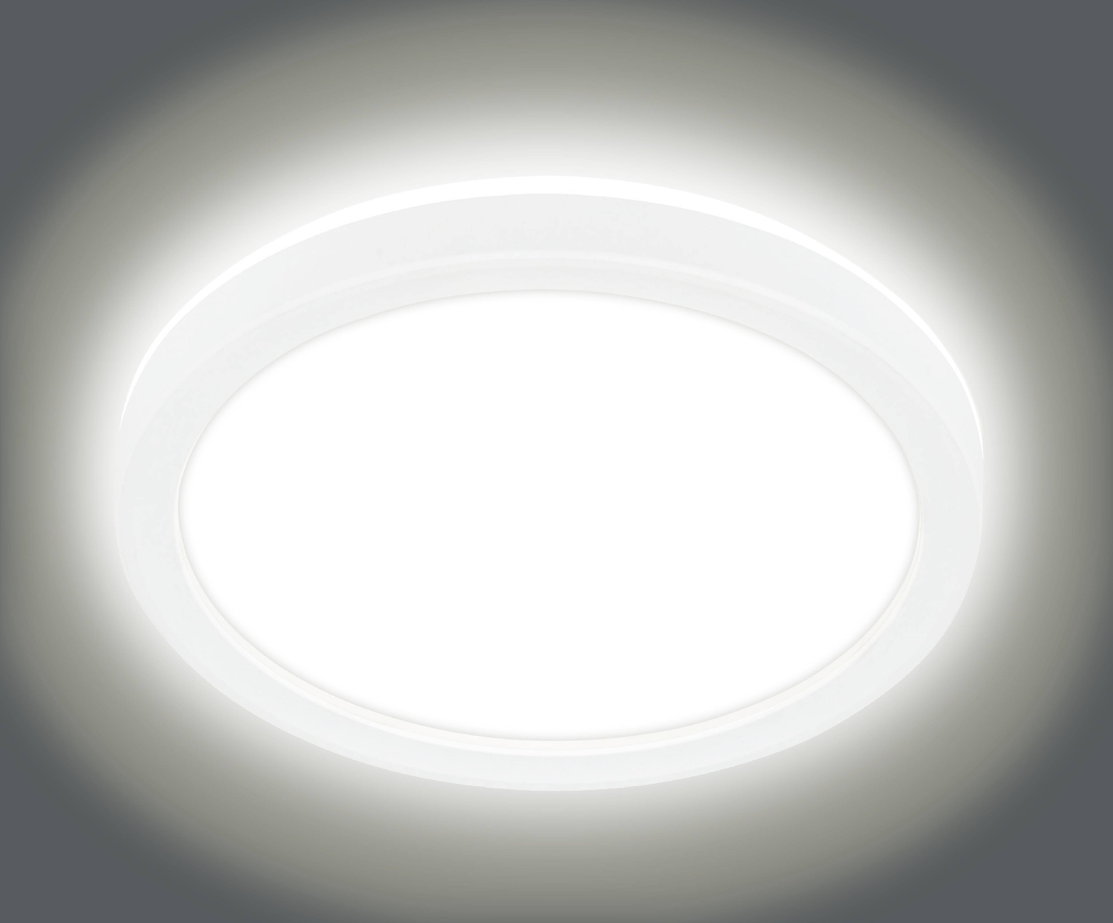 Eine leuchtend weiße, kreisförmige Deckenleuchte, die helles Licht gleichmäßig in alle Richtungen abstrahlt.