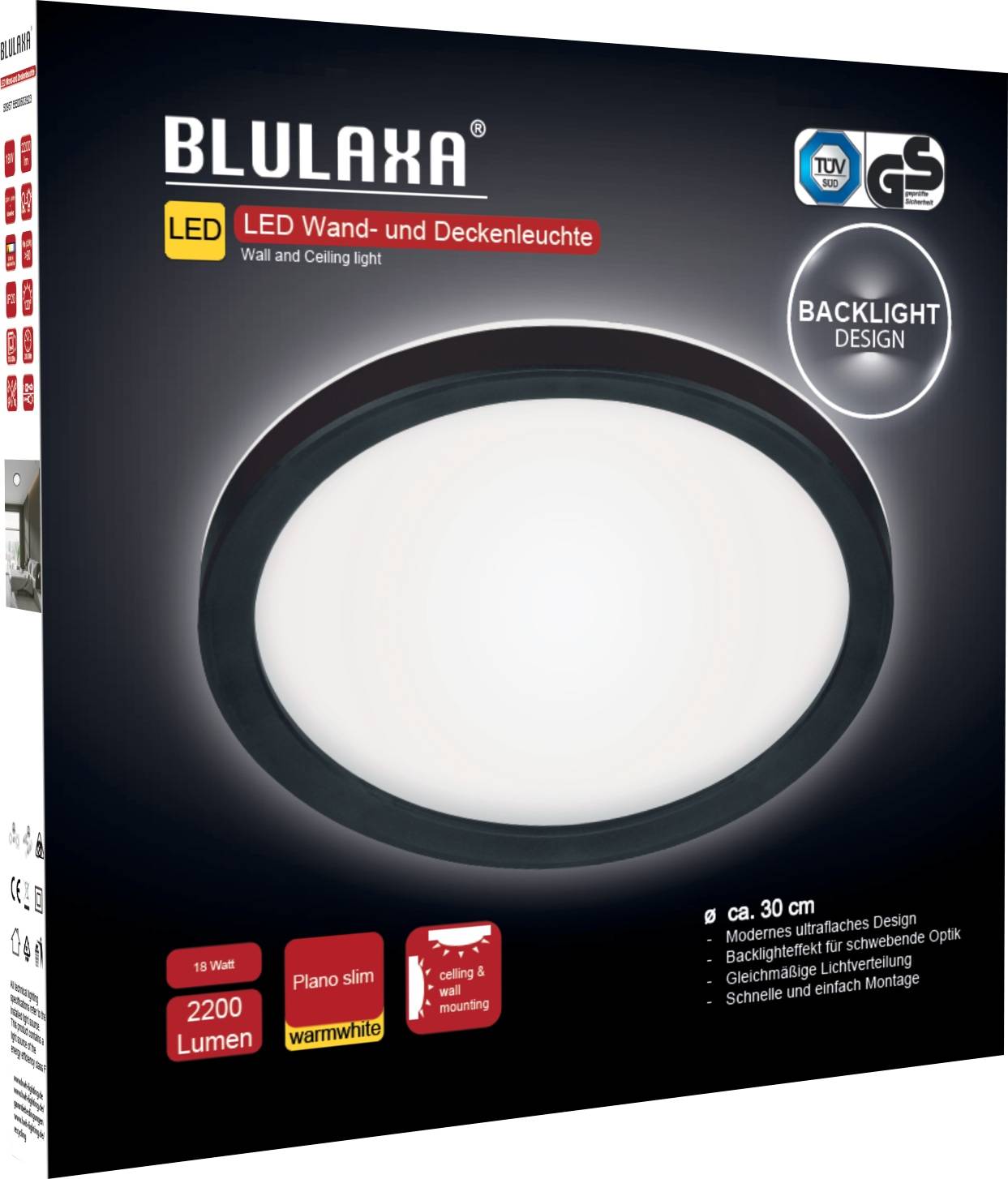 Kreisförmige LED-Decken- und Wandleuchte von Blulaxa. Zeigt 'Backlight Design', 2200 Lumen, warmweiß, geeignet für Innenräume.