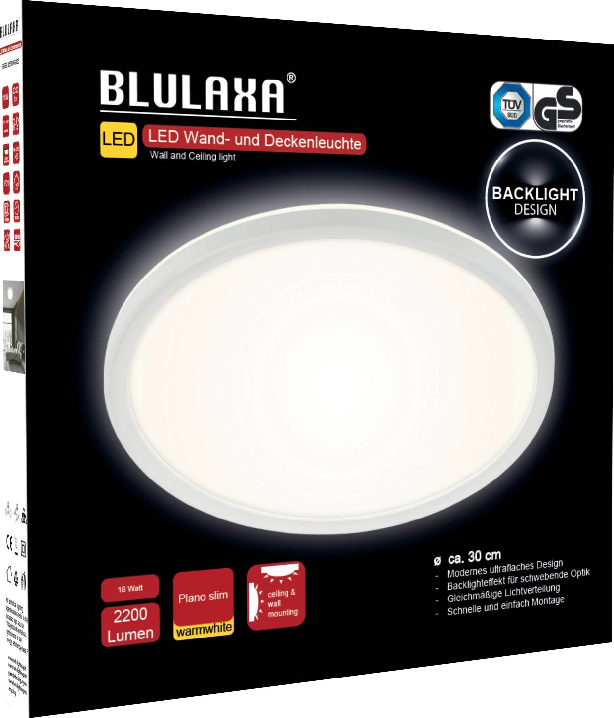 Verpackung von Blulaxa LED Wand- und Deckenleuchte, 30 cm, 2200 Lumen, warmweißes Licht. Mit Hintergrundbeleuchtungsdesign und 'Plano slim' Stil.