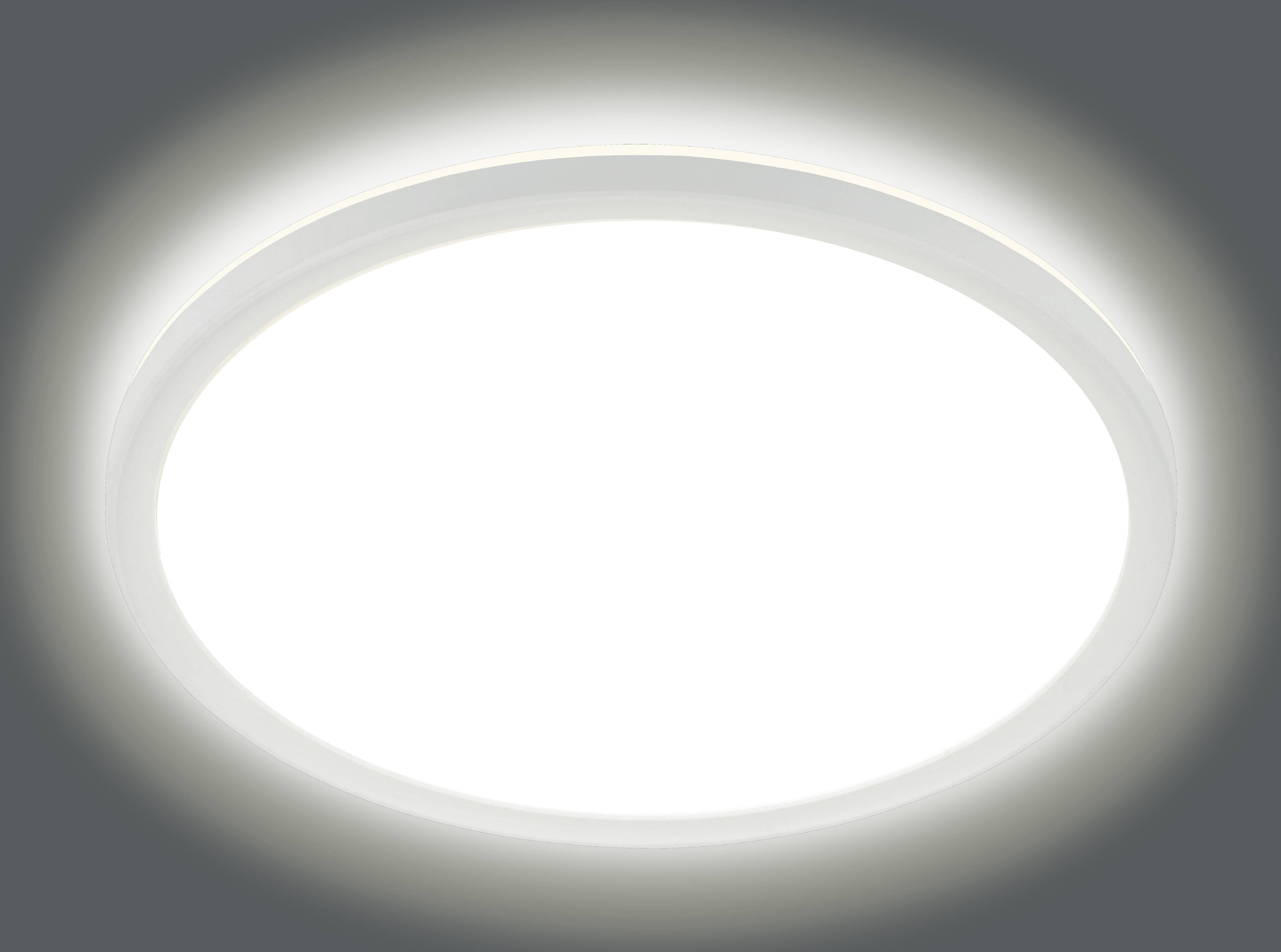 Eine helle, runde Deckenleuchte, die ein weiches Glühen ausstrahlt und zentriert vor einem dunklen Hintergrund positioniert ist, wodurch ihre Umgebung gleichmäßig beleuchtet wird.