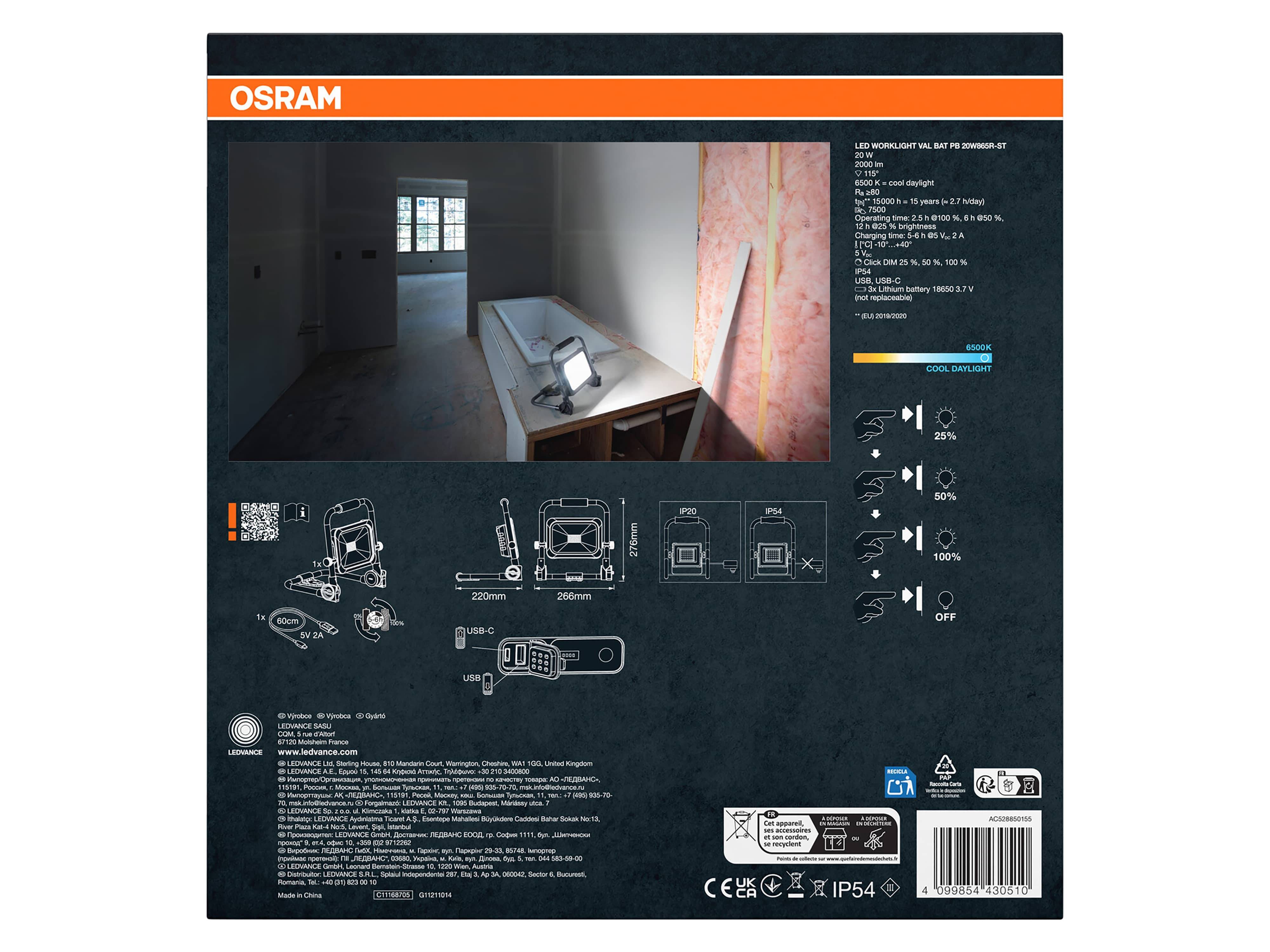 OSRAM LED-Akku-Arbeitsleuchte, 20W, 6500K, 2000lm, kaltweiß, IP54, schwarz