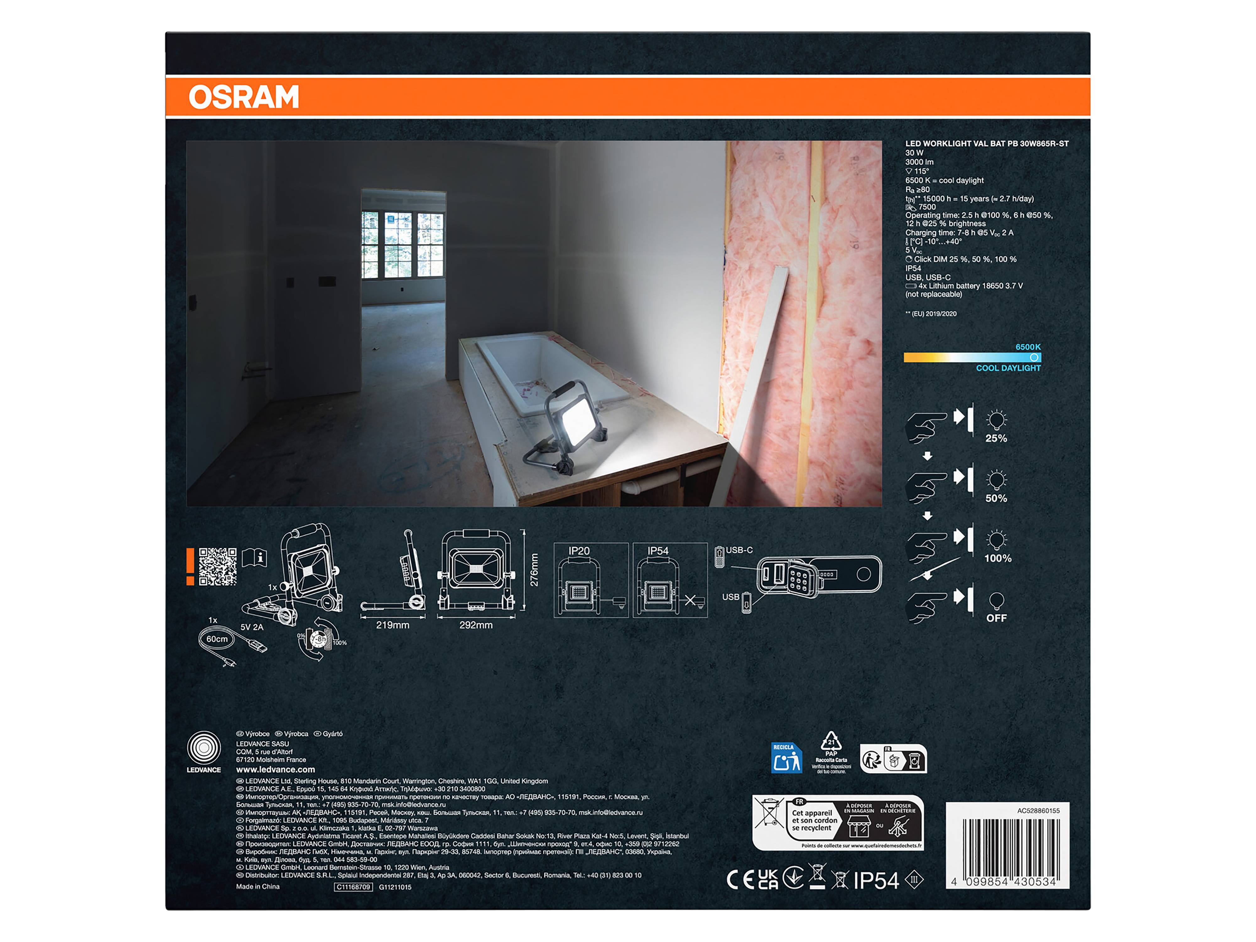 OSRAM LED-Akku-Arbeitsleuchte, 30W, 6500K, 3000lm, kaltweiß, IP54, schwarz/grau