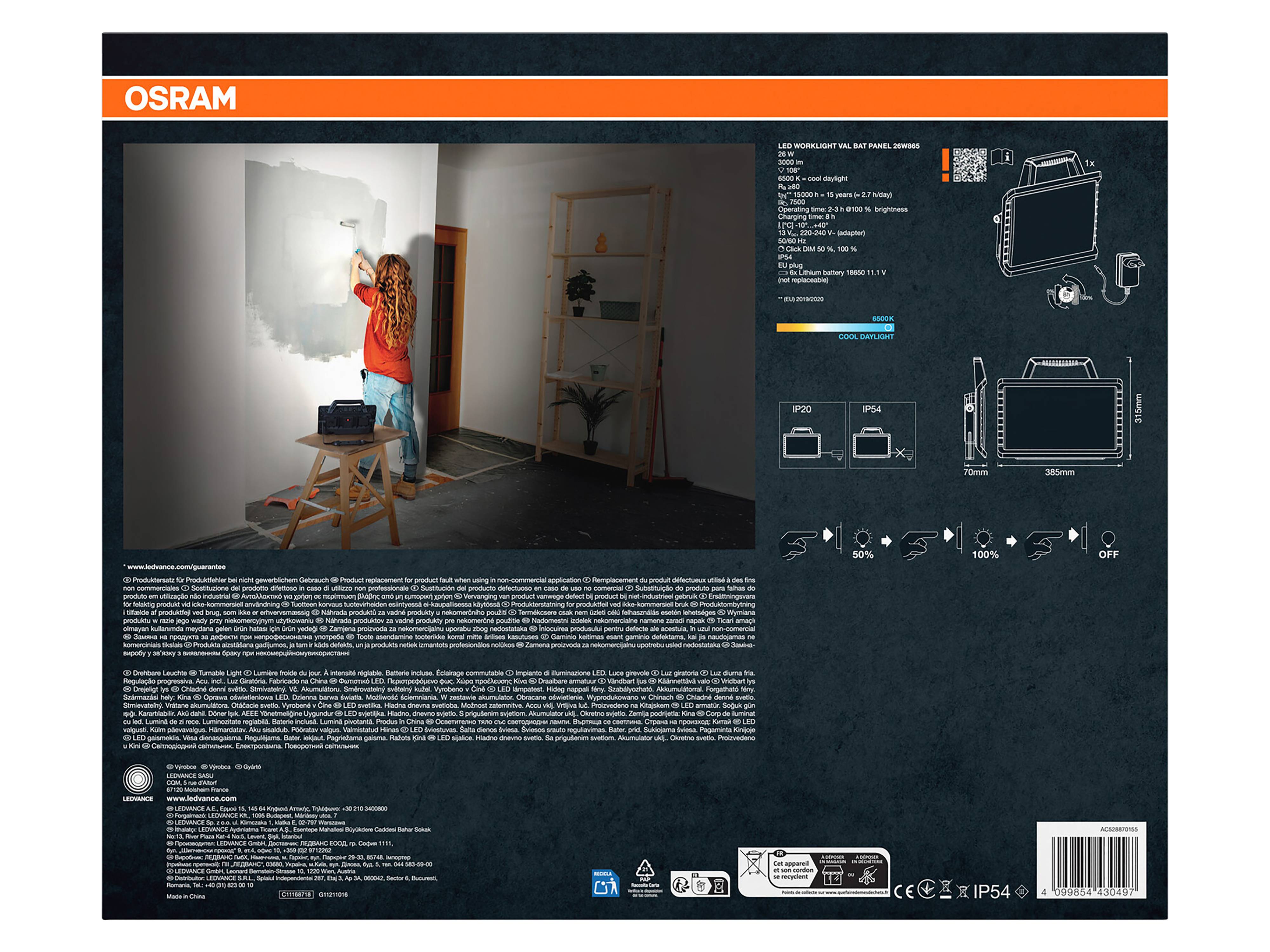 OSRAM LED-Fluter, 26W, 6500K, 3000lm, kaltweiß, IP54, schwarz