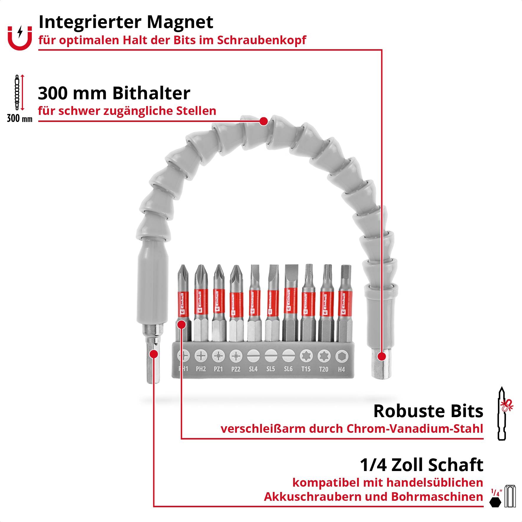 EINHELL Bit-Set, 133115, mit biegsamer Welle, 11-teilig