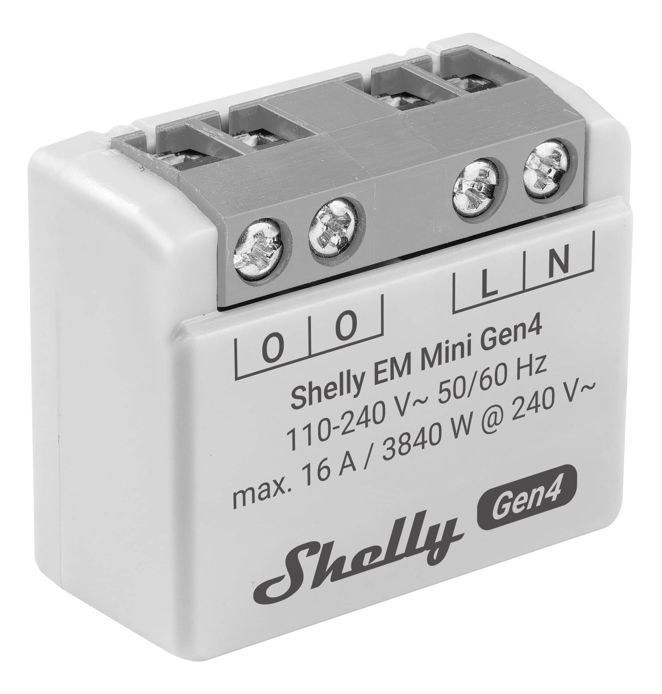 Shelly EM Mini Gen4 Stromüberwachungsmodul mit Schraubklemmen und beschrifteten Ausgängen O, O, L und N.