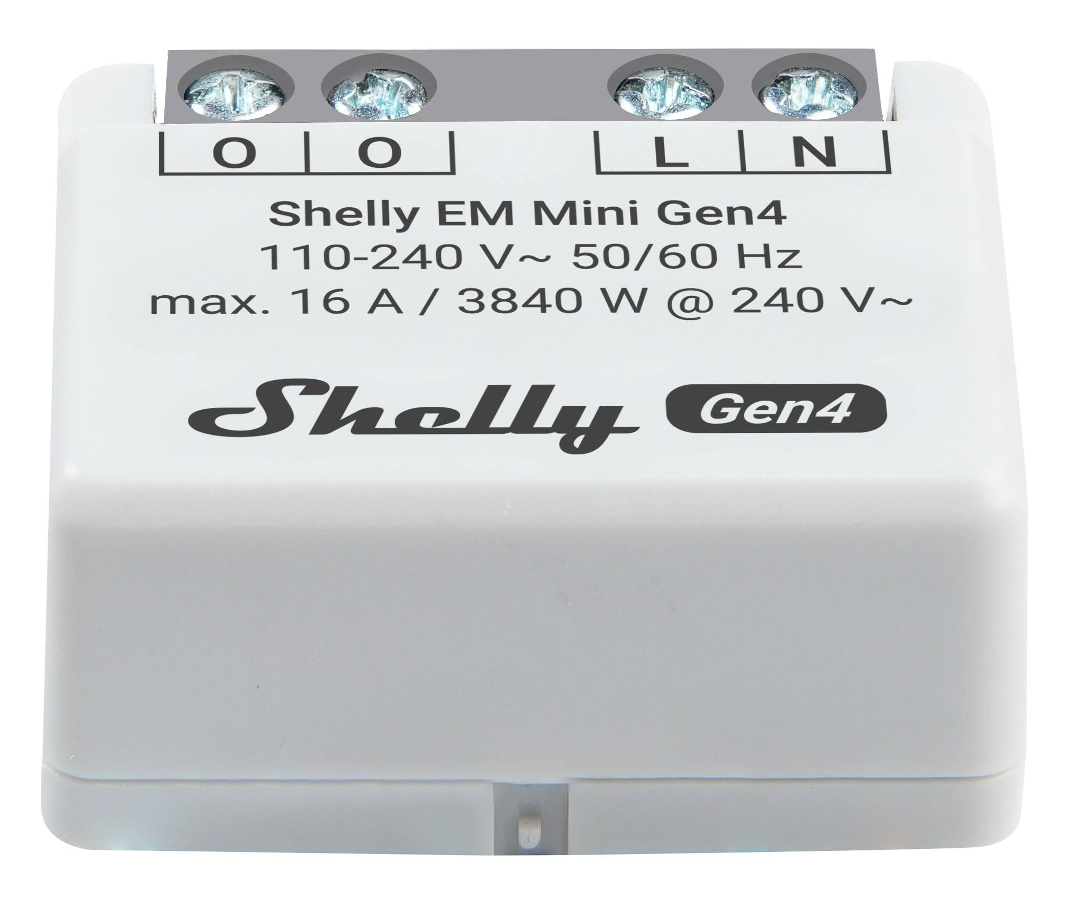 Shelly EM Mini Gen4 Energiemessmodul mit vier Schraubklemmen mit den Beschriftungen O, O, L, N und aufgedruckten Spannungs- und Stromwertangaben.