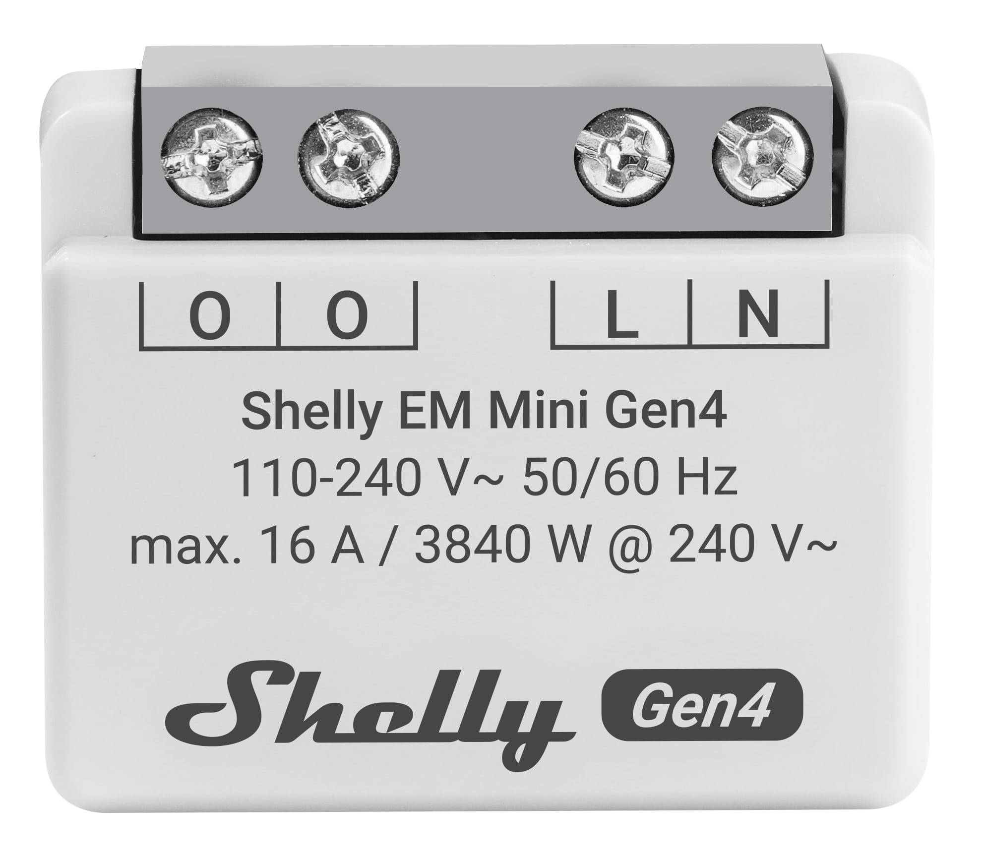 Shelly EM Mini Gen4 intelligentes Energieüberwachungsmodul mit Schraubklemmen mit Beschriftung O O und L N, Nennspannung 110-240 V, max. 16 A/3840 W.