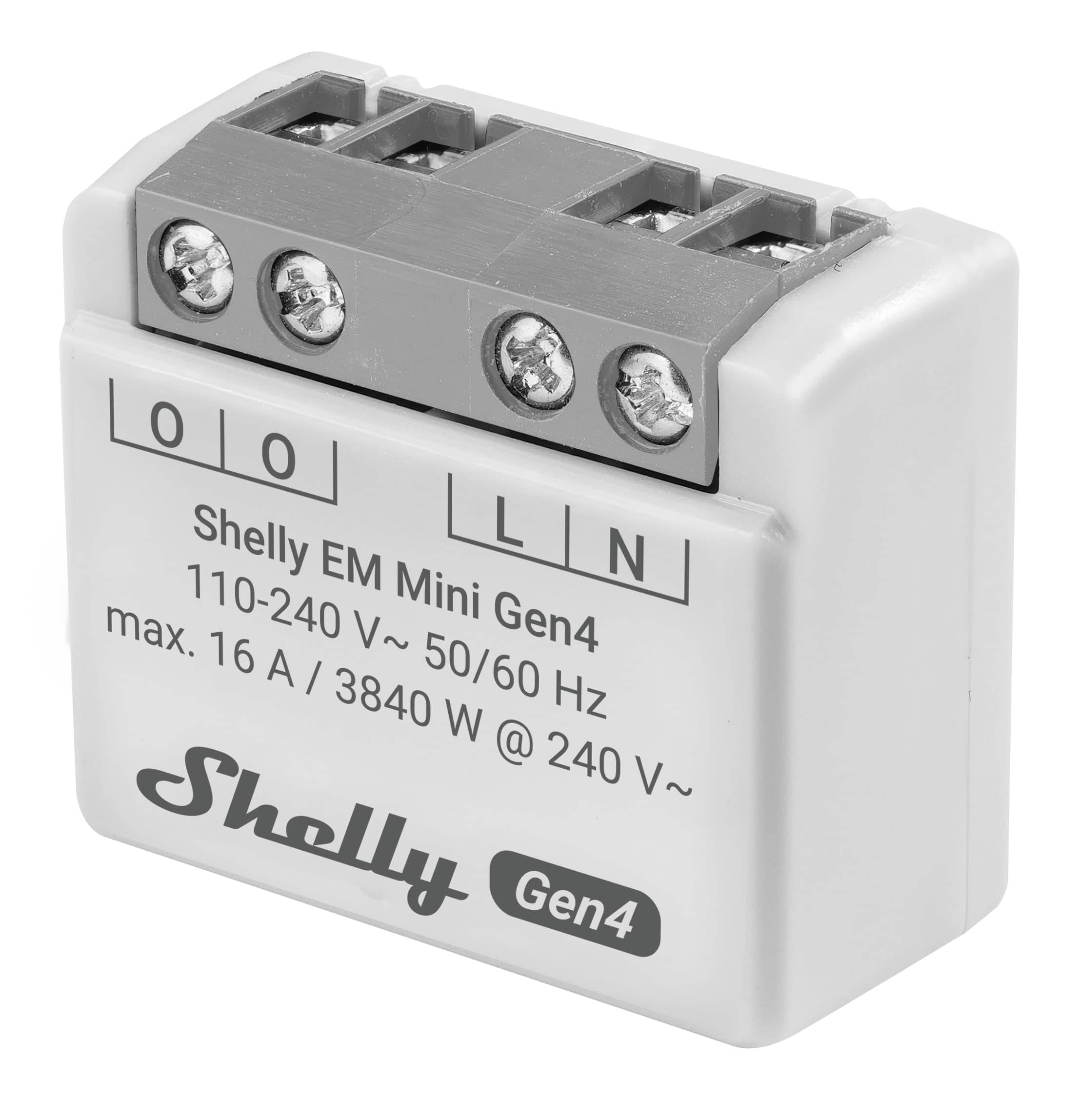 Shelly EM Mini Gen4 Smart-Energiemessmodul mit vier Schraubklemmen mit den Bezeichnungen O, O, L und N; unterstützt 110-240 V und maximal 16 A/3840 W.