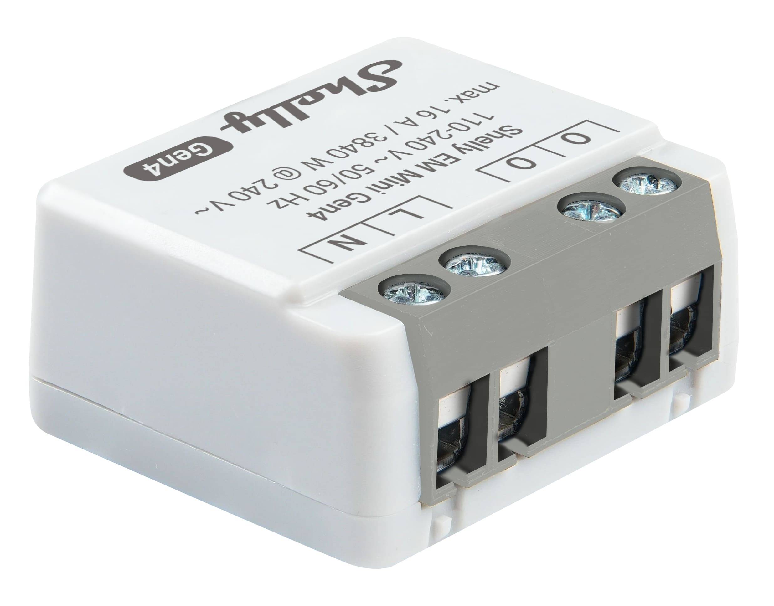 Nahaufnahme eines Smart Life Mini-Smart-Relais-Schaltermoduls mit Schraubklemmen und beschrifteten Stromversorgungs- und Lastanschlüssen.