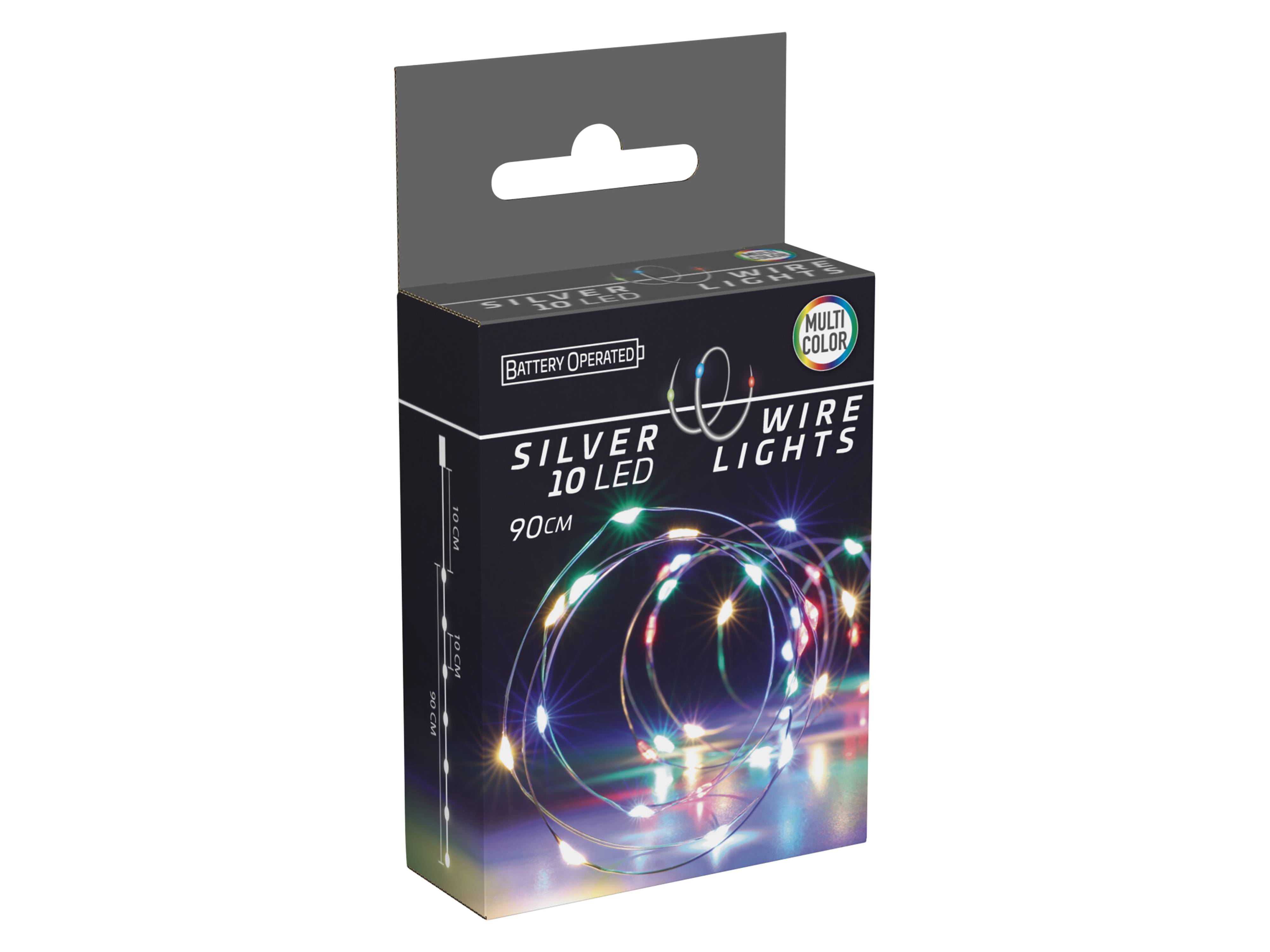 LED-Lichterkette, Silberdraht, 10 LEDs, bunt, Batteriebetrieb, inkl. Batterien