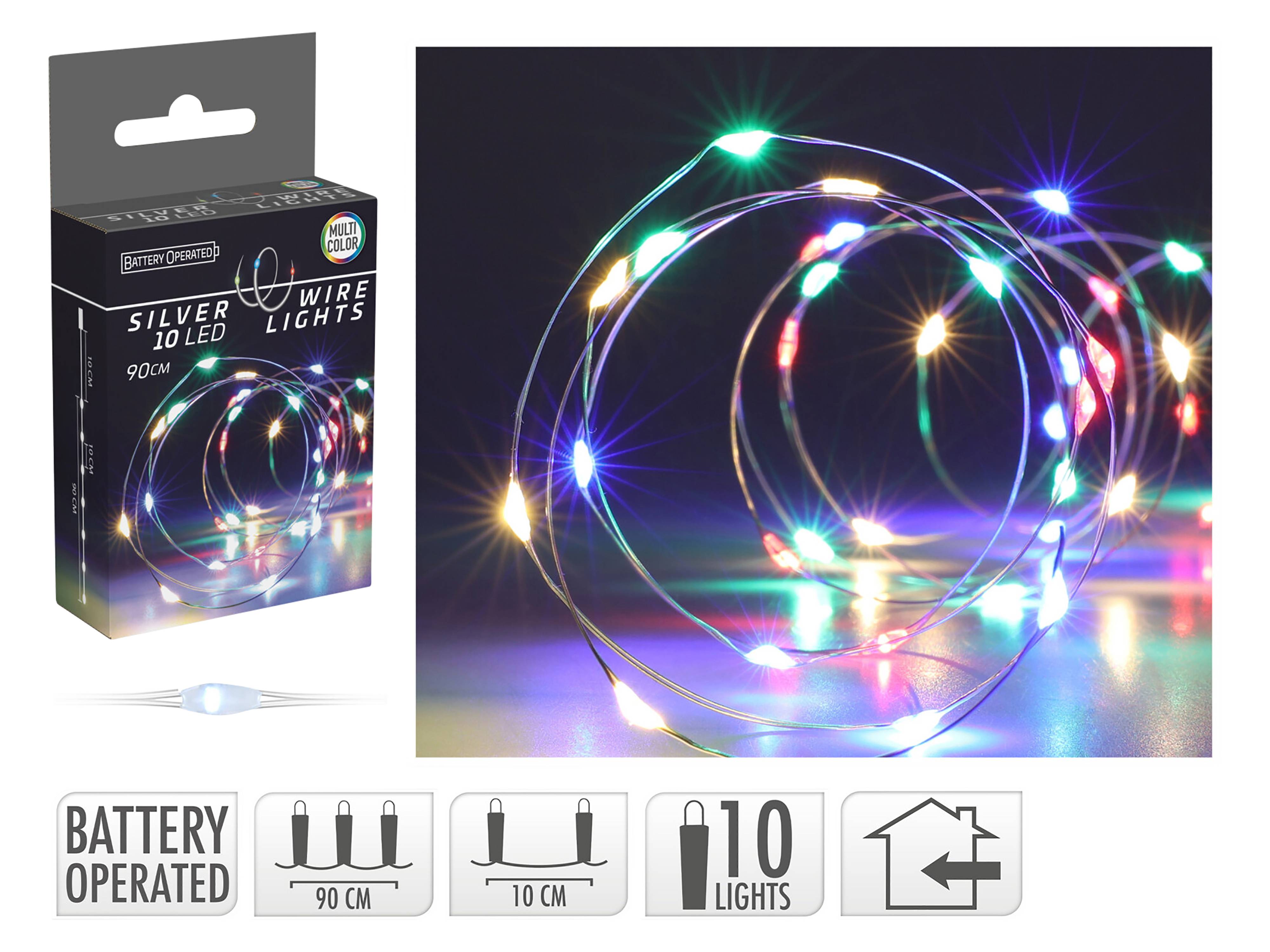 LED-Lichterkette, Silberdraht, 10 LEDs, bunt, Batteriebetrieb, inkl. Batterien