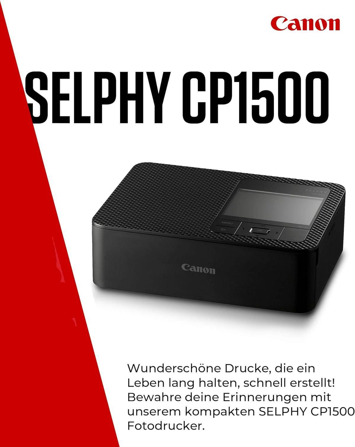 Canon SELPHY CP1500 Mobiler Fotodrucker mit Papierset, Schwarz - Drahtloser Bluetooth-Drucker mit Zubehör - Kompakt und Leicht - Mi 54 Blatt Papier