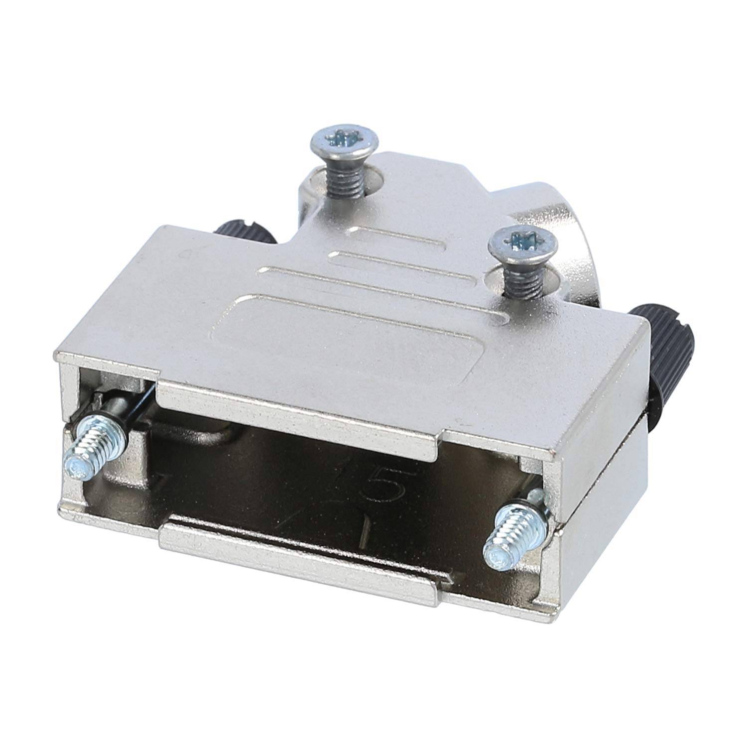 Eine Metallhaube für einen D-Sub-Steckverbinder mit Befestigungsschrauben, die zum Schutz und zur Sicherung von Anschlüssen in elektronischen und Computeranwendungen verwendet wird.
