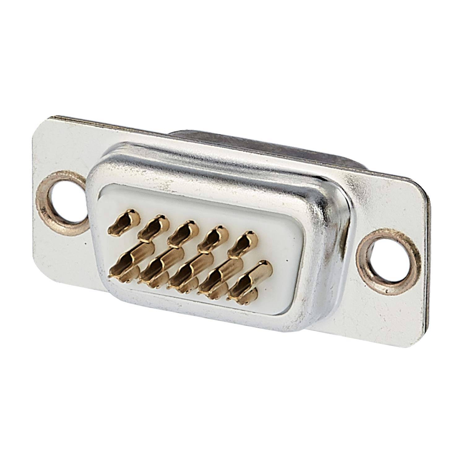 Ein neunpoliger D-Sub-Mini-Steckverbinder in Silber mit zwei Befestigungslöchern, der üblicherweise für serielle Schnittstellen auf Computern verwendet wird.