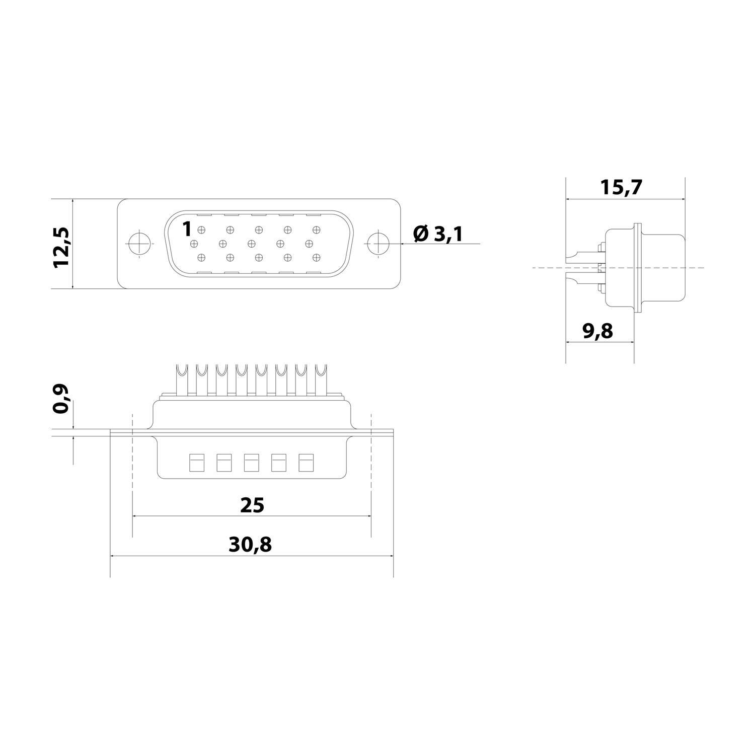 Technische Vorder- und Seitenansicht eines D-Sub-Steckverbinders mit Hervorhebung der Abmessungen (Breite 30,8 mm, Höhe 12,5 mm, Tiefe 15,7 mm).