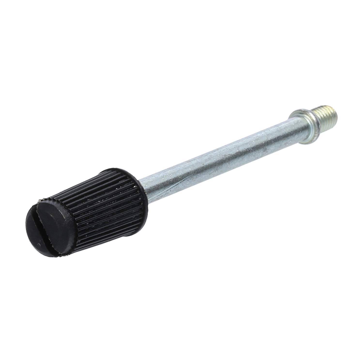 Ein Metallbolzen mit einem schwarzen gerippten Knopf an einem Ende, der zum Befestigen oder Justieren verwendet wird.
