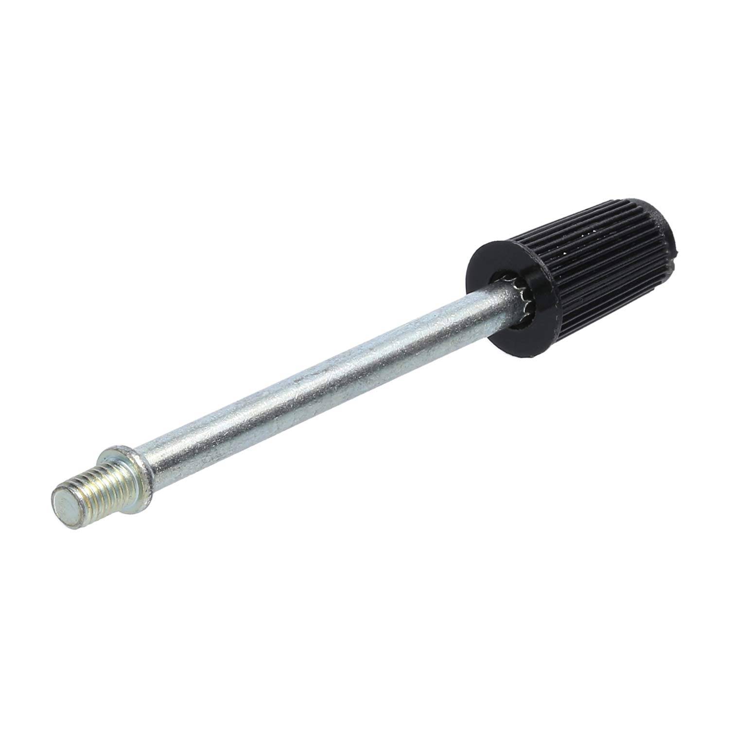 Eine Gewindestange aus Metall mit einem schwarzen gerippten Knopf an einem Ende, wie sie typischerweise für verstellbare Möbel- oder Gerätebeine als Nivellierfuß verwendet wird.