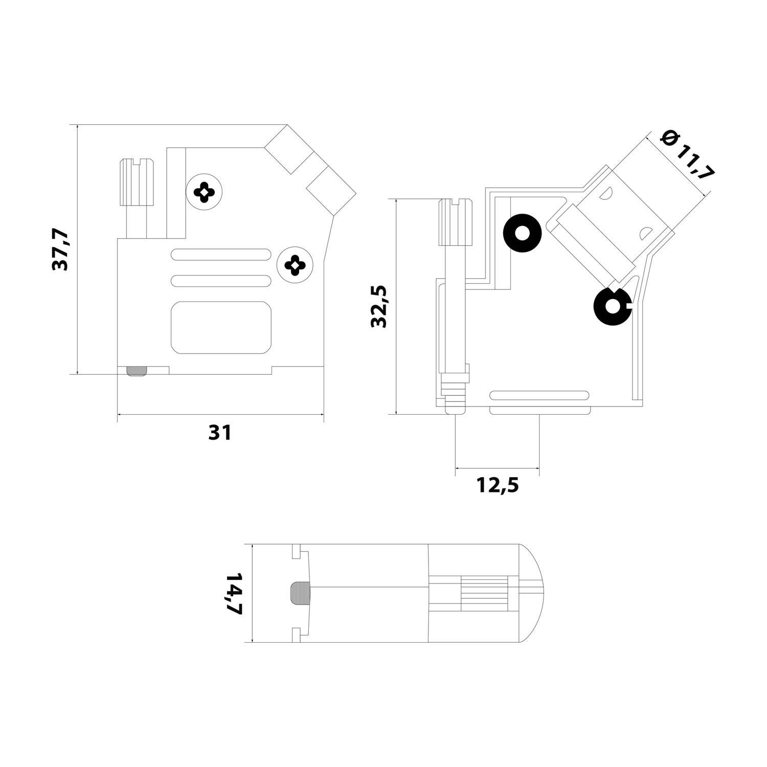 Technische Zeichnung einer Komponente mit Abmessungen: 37,7, 32,5, 31, 12,5, 11,7 und 14,7 Einheiten. Darstellung umfasst mehrere Winkel und Merkmale.