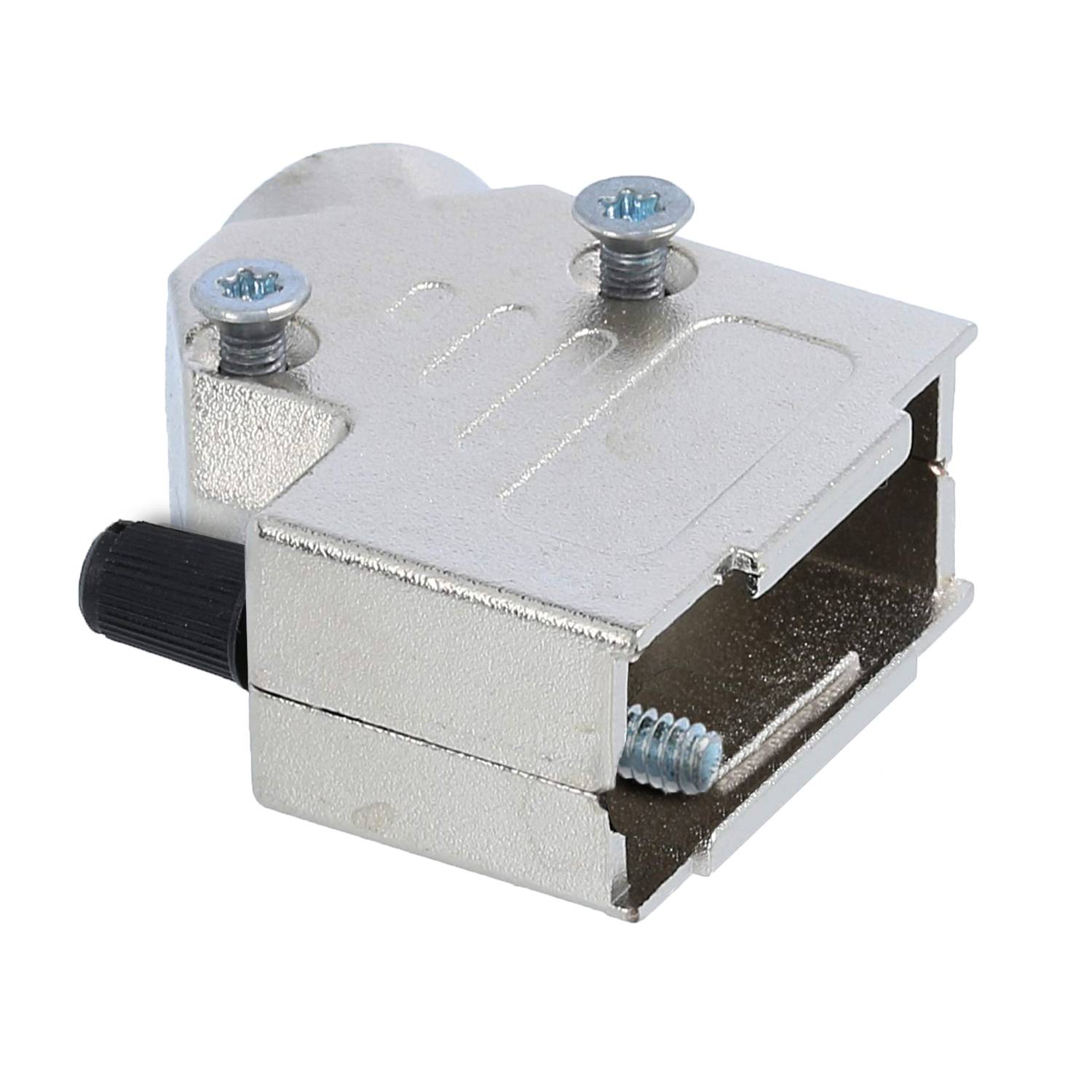 Ein Metallverbindungsgehäuse mit zwei Schrauben, angewinkeltem Ende und einem kreisförmigen Loch für Kabeleintritt; verwendet zur Sicherung elektrischer Verbindungen.