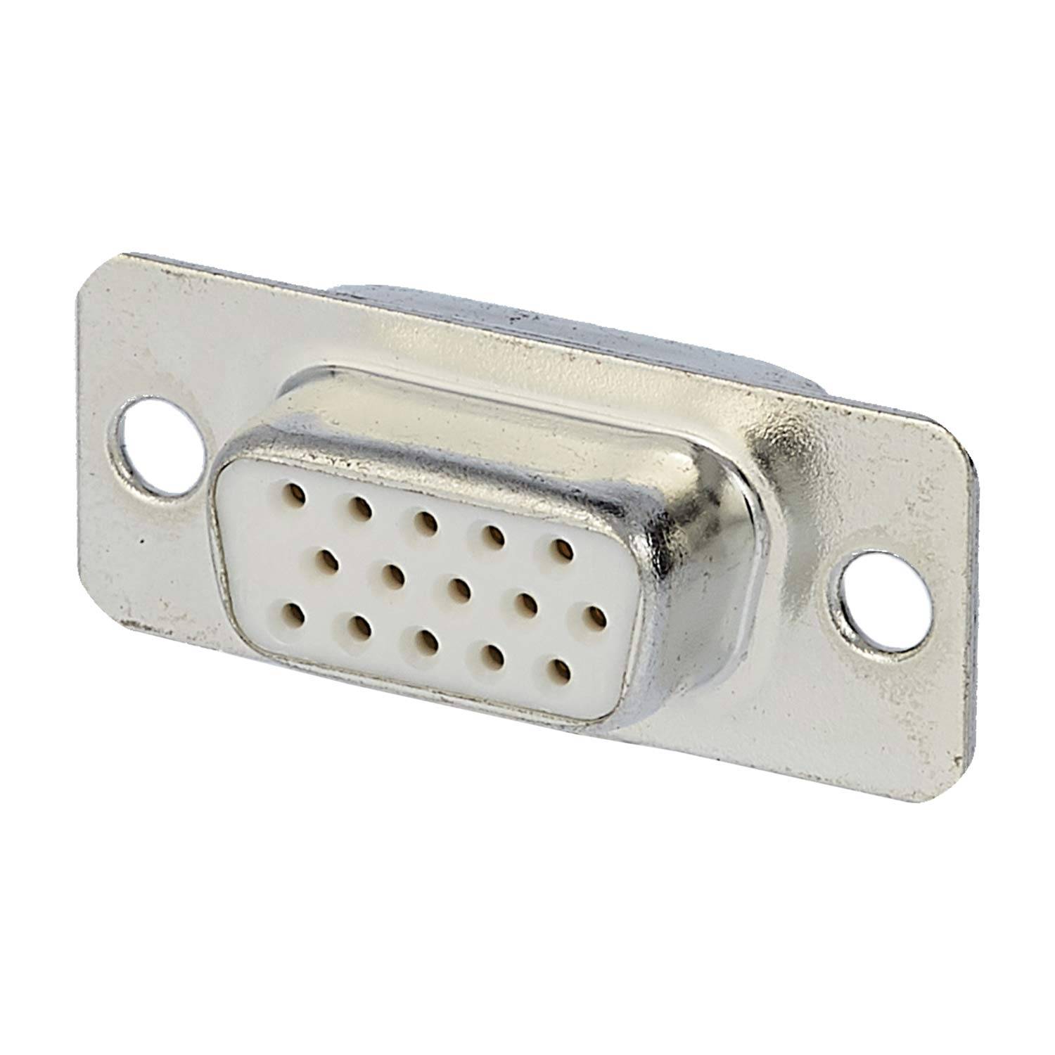 Eine Nahaufnahme eines silbernen Metall-VGA-Anschlusses mit 15 kleinen kreisförmigen Löchern, die in 3 Reihen angeordnet sind und für den Anschluss von Anzeigevorrichtungen konzipiert sind.