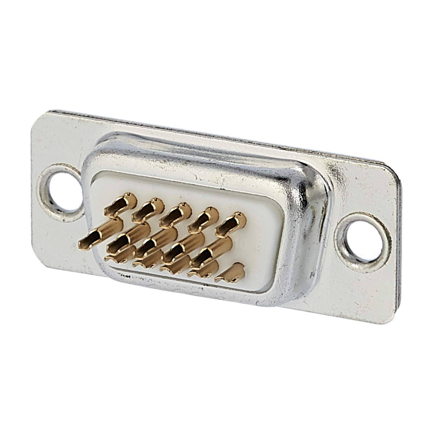 Ein 15-polig D-Sub-Anschluss für Videoverbindungen mit zwei Reihen von Metallstiften in einem silbernen Metallgehäuse mit Befestigungslöchern.