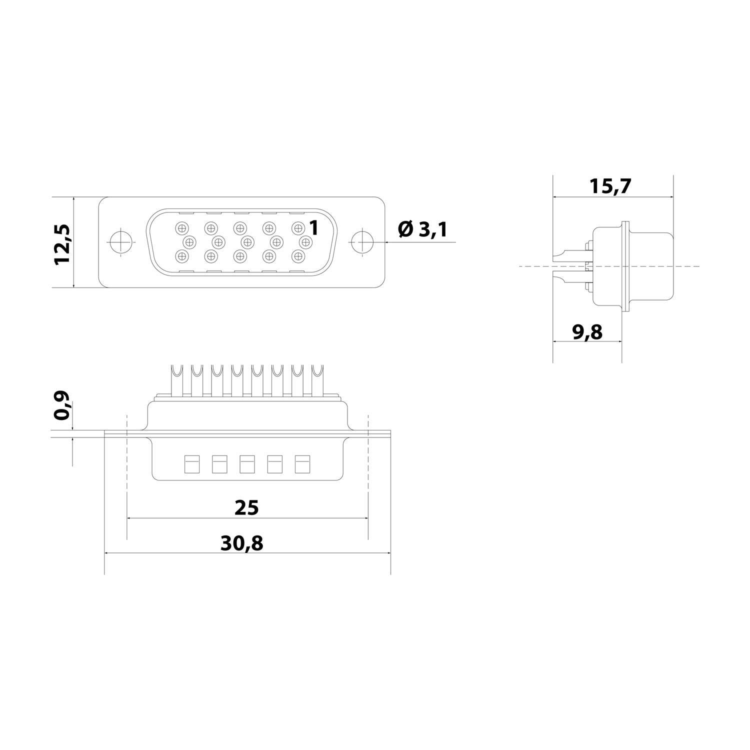 Technische Zeichnung eines 15-poligen Steckverbinders mit Abmessungen: 30,8 mm Breite, 9,8 mm Tiefe, 15,7 mm Höhe und 3,1 mm Durchmesser pro Pin.