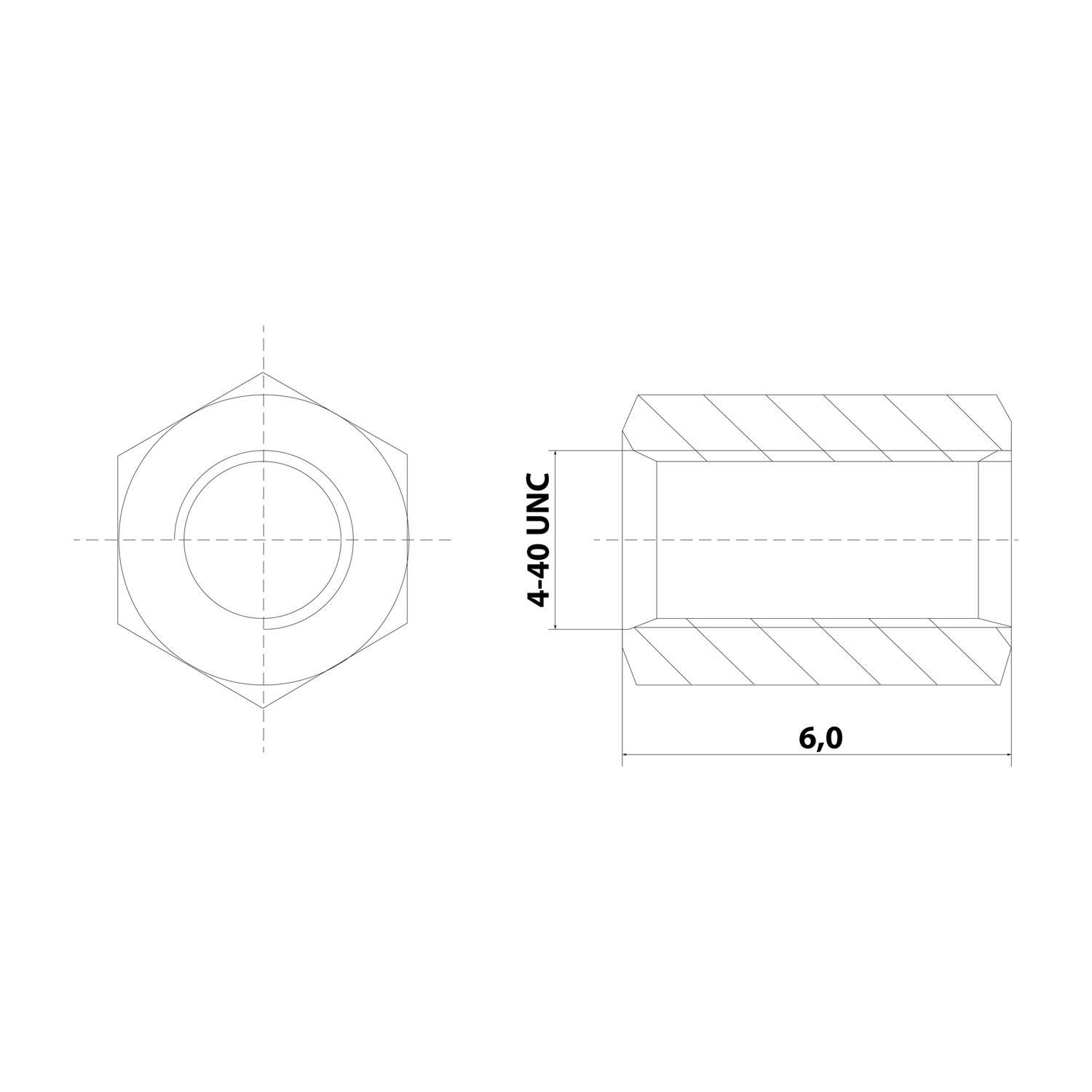 Technische Zeichnung einer sechseckigen Mutter, Front- und Seitenansicht dargestellt. Die Seitenansicht zeigt ein 4-40 UNC-Gewinde und eine Breite von 6,0 Einheiten.