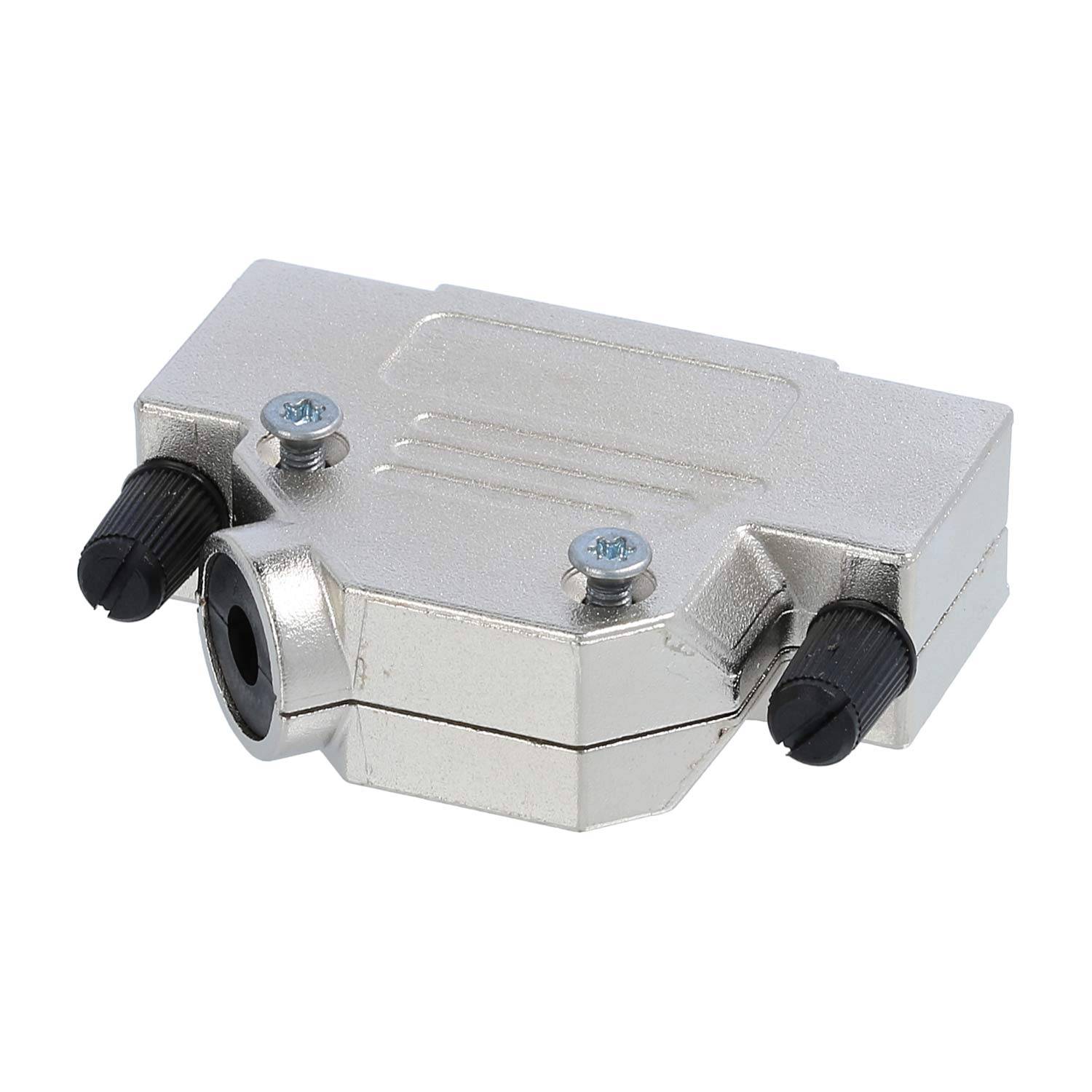 Ein silberner rechteckiger Audioverbinder mit zwei schwarzen Knöpfen an den Seiten, der zum Sichern von Kabeln in elektronischen Geräten verwendet wird.