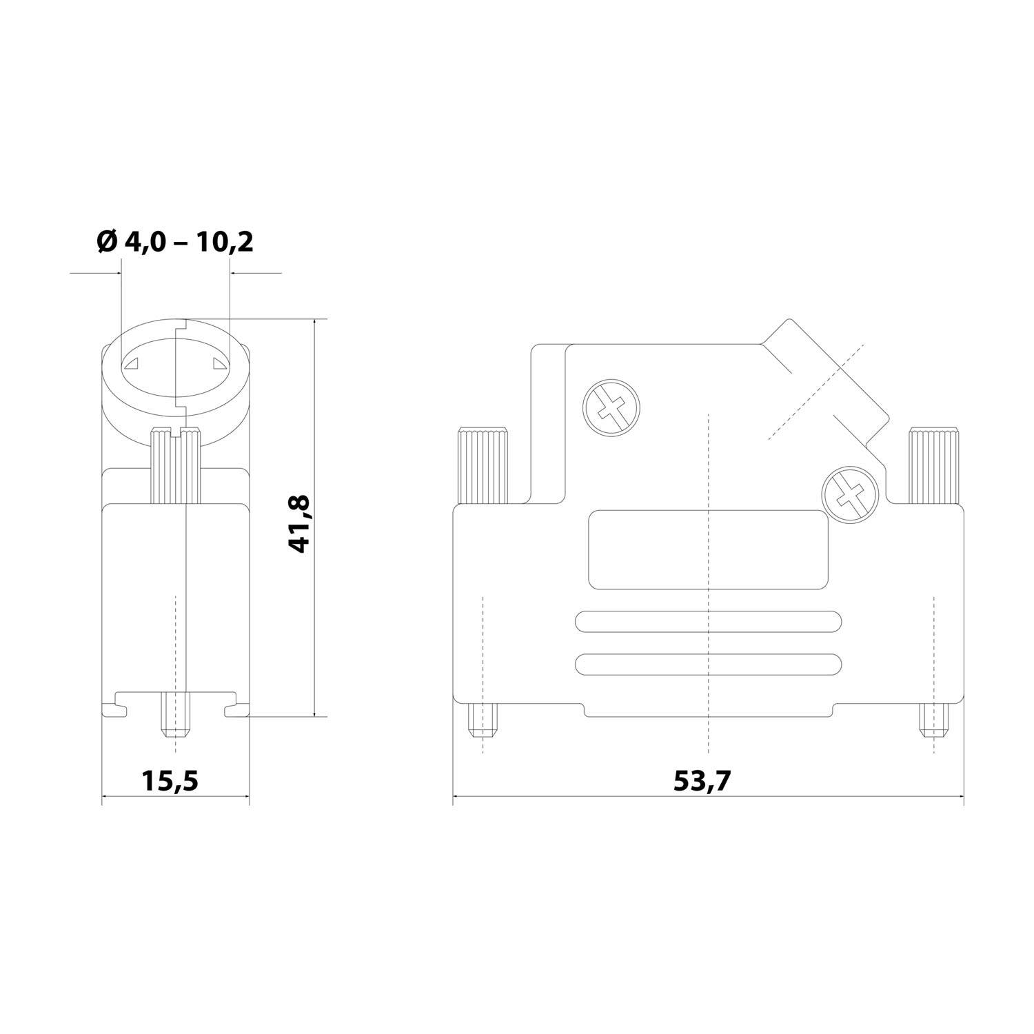 Zwei technische Diagramme eines elektrischen Steckverbinders mit Maßen: Höhe 41,8 mm, Breite 53,7 mm, Durchmesserbereich 4,0-10,2 mm.