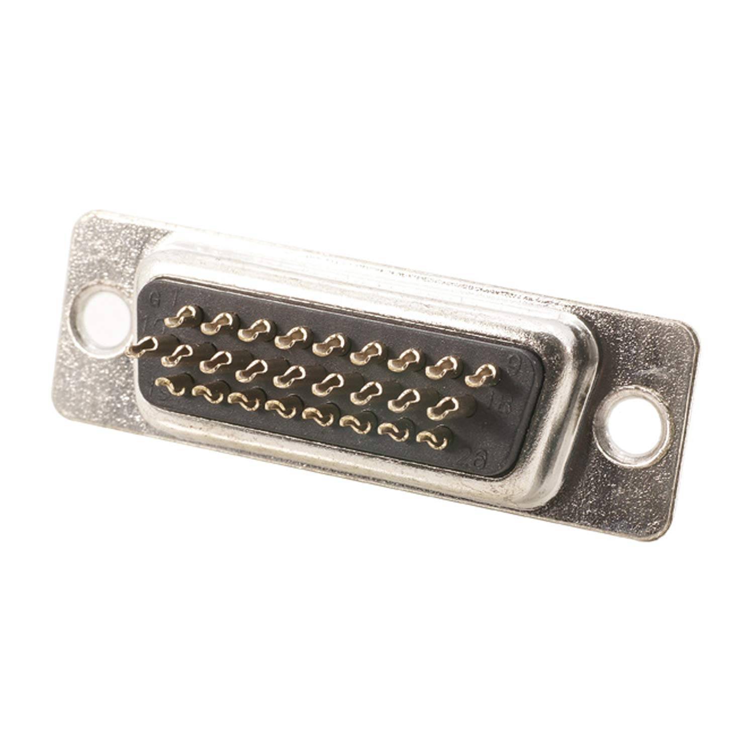 Ein Metallstecker des D-Subminiatur-Typs mit mehreren Kontaktstiften, verwendet für serielle Kommunikation oder Computerverbindungen, von vorne betrachtet.