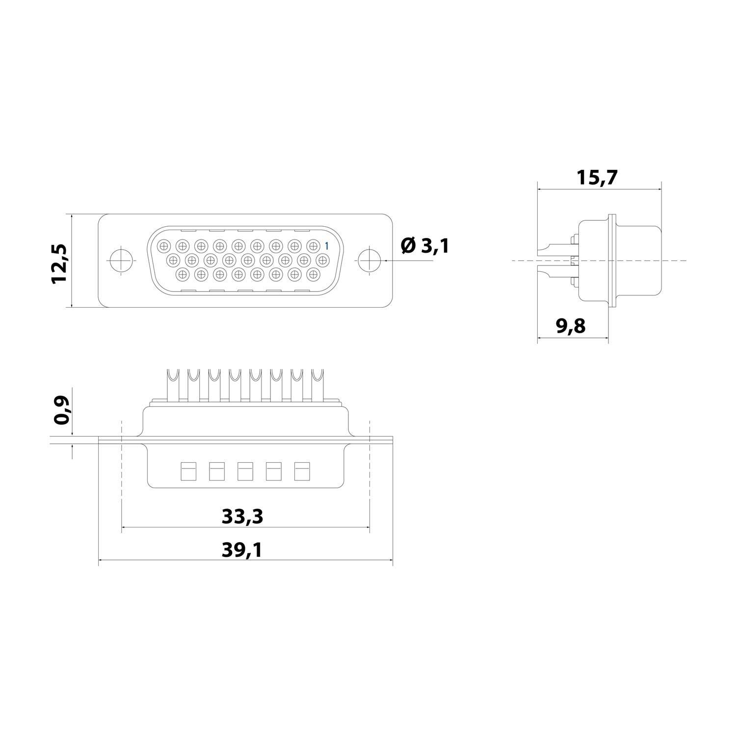 Technische Zeichnung eines D-Sub-Steckverbinders mit Vorder- und Seitenansicht mit detaillierten Abmessungen, einschließlich Pinabstand und Gesamtlänge.