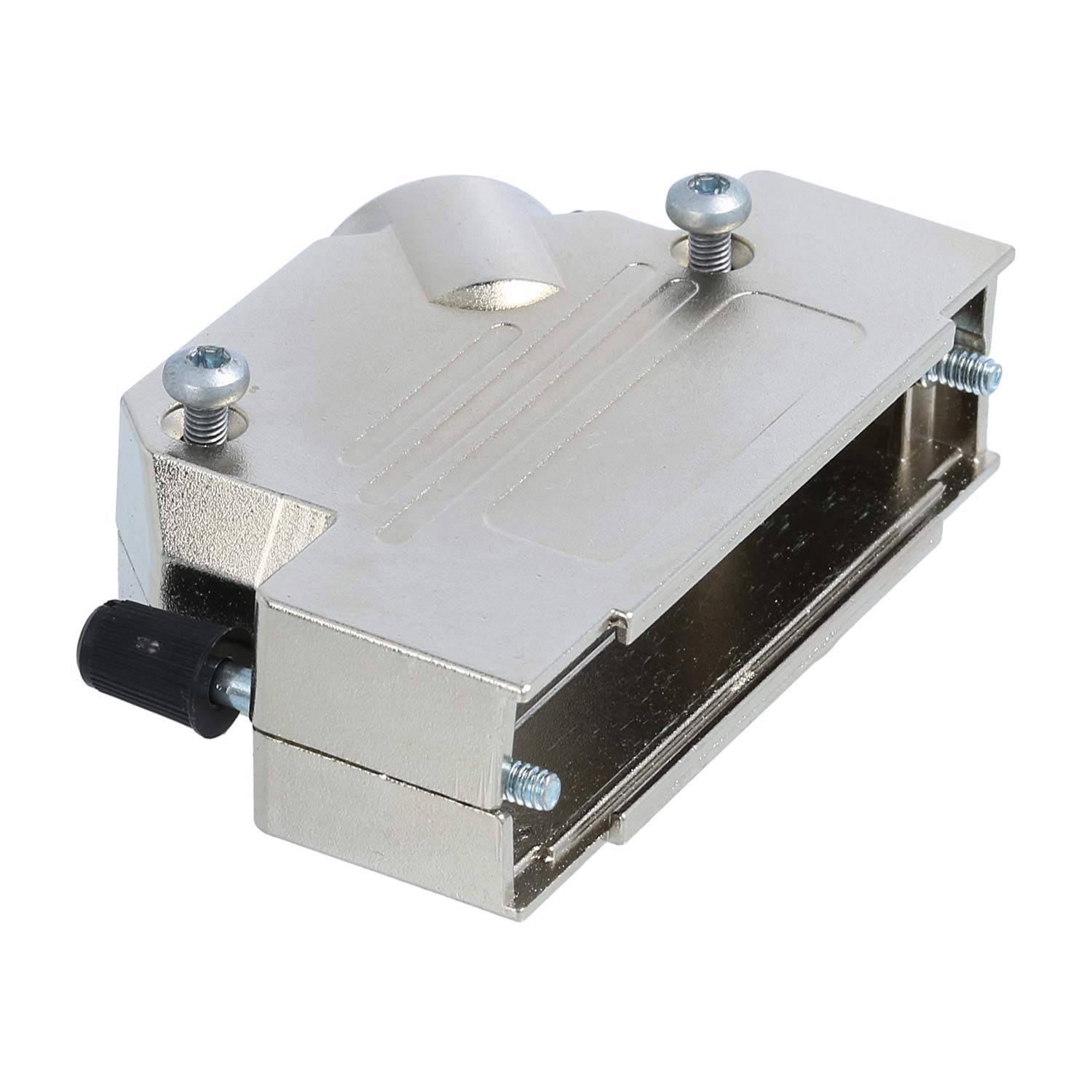 Ein Metallverbindungsgehäuse mit Schrauben und einem schwarzen Knopf, entwickelt für sichere Kabelverbindungen, häufig in industriellen Anwendungen eingesetzt.