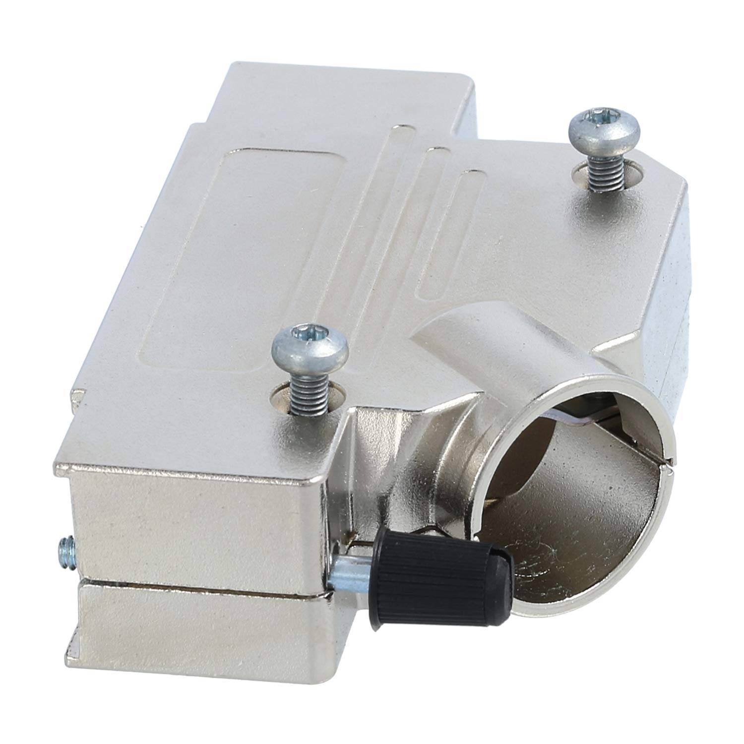 Ein metallisches Kabelverbindungsgehäuse mit Schrauben, das eine zylindrische Öffnung an einer Seite und einen kleinen schwarzen Knopf zur Einstellung aufweist.