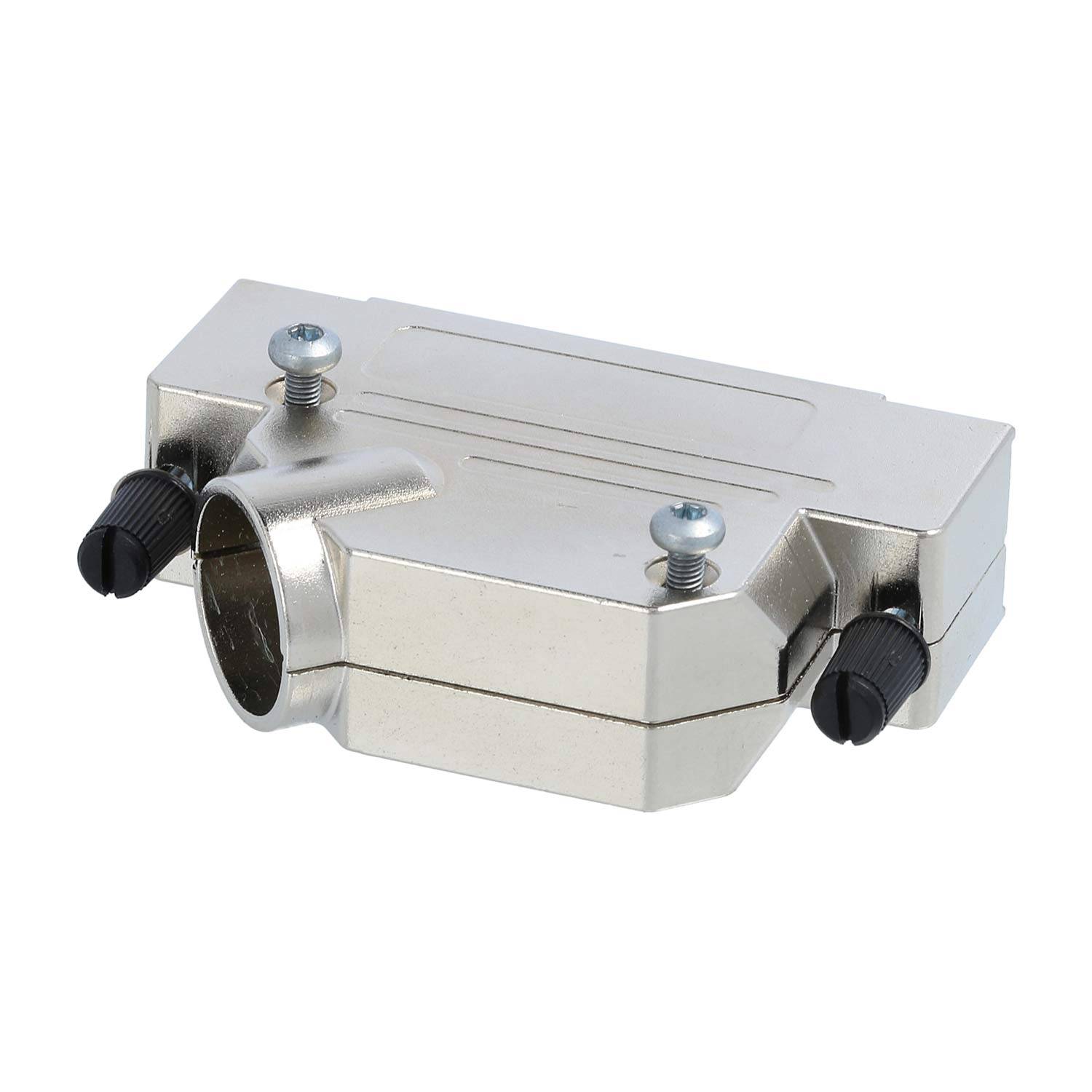 Ein rechteckiger Metallverbinder mit zwei Schrauben oben, versehen mit einer zylindrischen Verlängerung an einer Seite und zwei schwarzen Knöpfen an den Seiten.