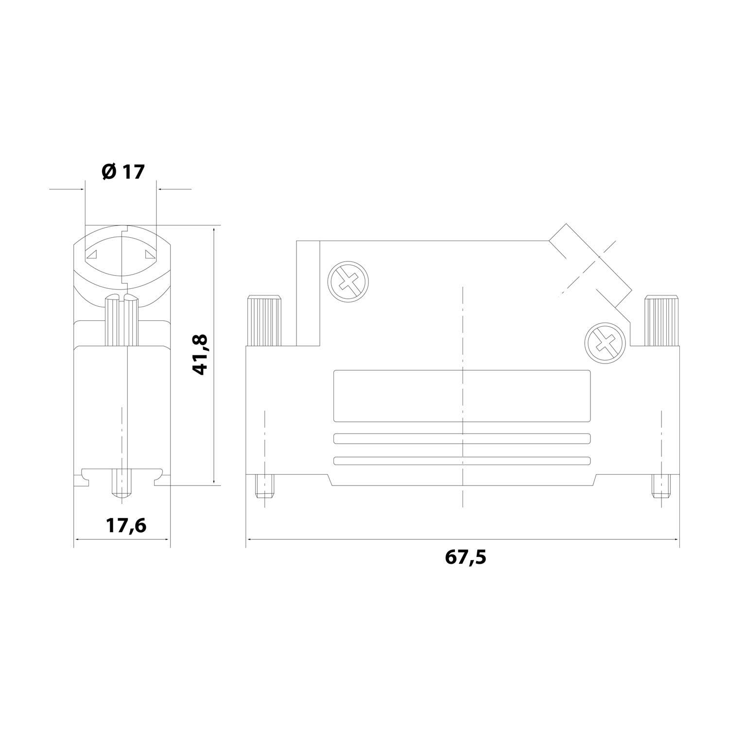 Technische Zeichnung einer Komponente mit zwei Ansichten. Frontansicht mit Abmessungen von 67,5 mm Breite, 41,8 mm Höhe. Seitenansicht zeigt 17 mm Durchmesser, 17,6 mm Breite.