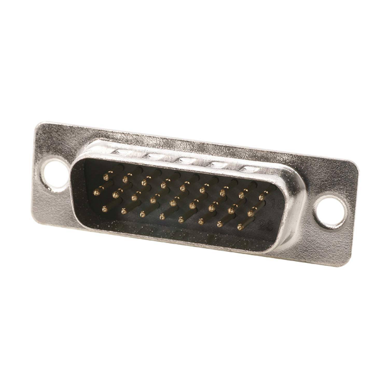 Ein 25-poliger männlicher D-Sub-Stecker mit einem Metallgehäuse und zwei Befestigungslöchern für die Montage.